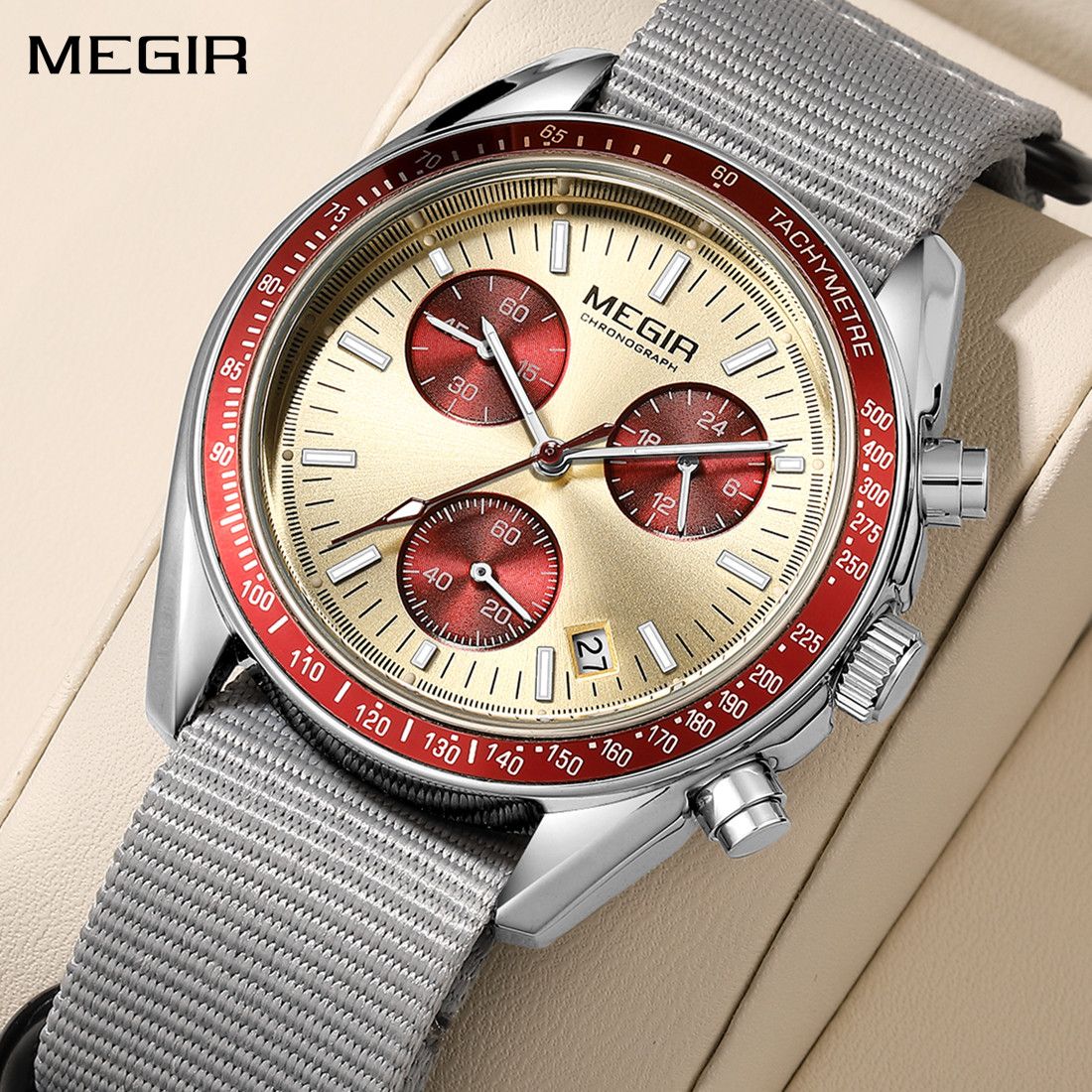 MEGIR Fashion Brand Men Wristwatches Military Sport Watches Canvas Strap Waterproof Chronograph Clock Gift for Men Montre Homme 2247-0