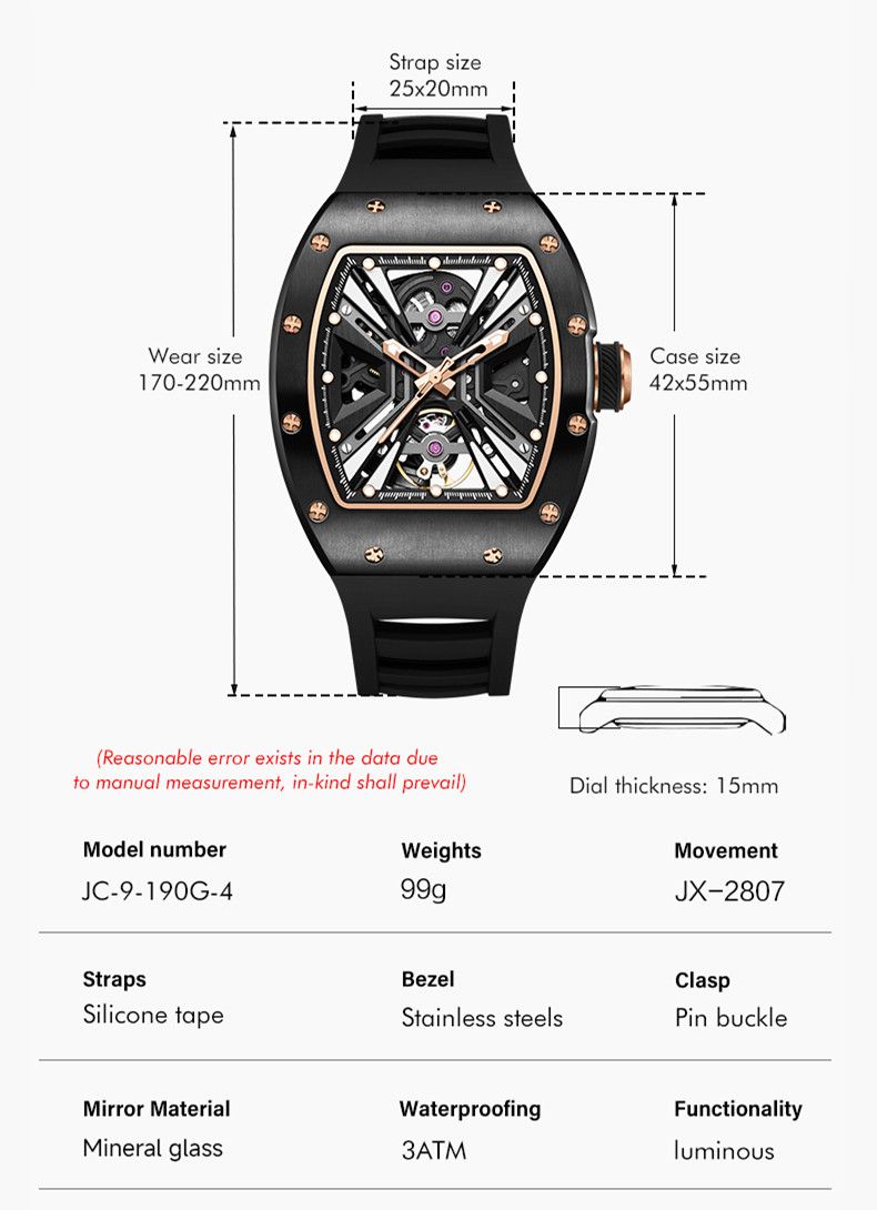 New Skeleton Dial Men's Watch Stainless Steel Case Automatic Mechanical Wristwatches 30M Waterproof Sports Watches Gift 9190-4-6