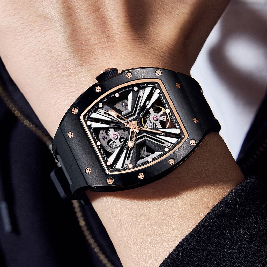 New Skeleton Dial Men's Watch Stainless Steel Case Automatic Mechanical Wristwatches 30M Waterproof Sports Watches Gift 9190-4-1