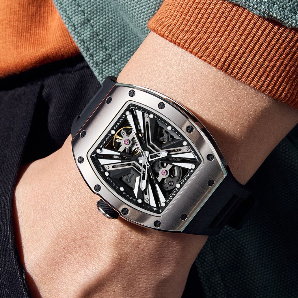 New Skeleton Dial Men's Watch Stainless Steel Case Automatic Mechanical Wristwatches 30M Waterproof Sports Watches Gift 9190-4-3