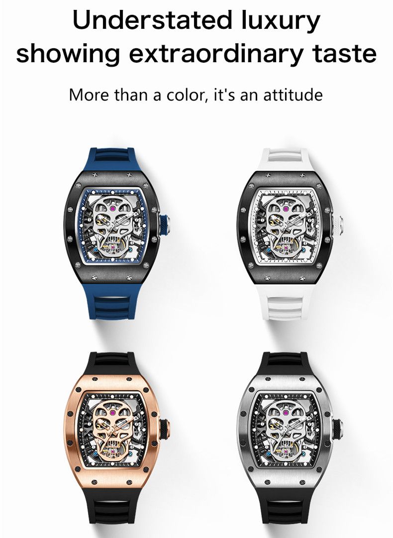 New Men's Watches Skull Hollow Dial Face Mechanical Watch Steel Case Waterproof Sport Wristwatch Automatic Movement Clock 9190-7-6