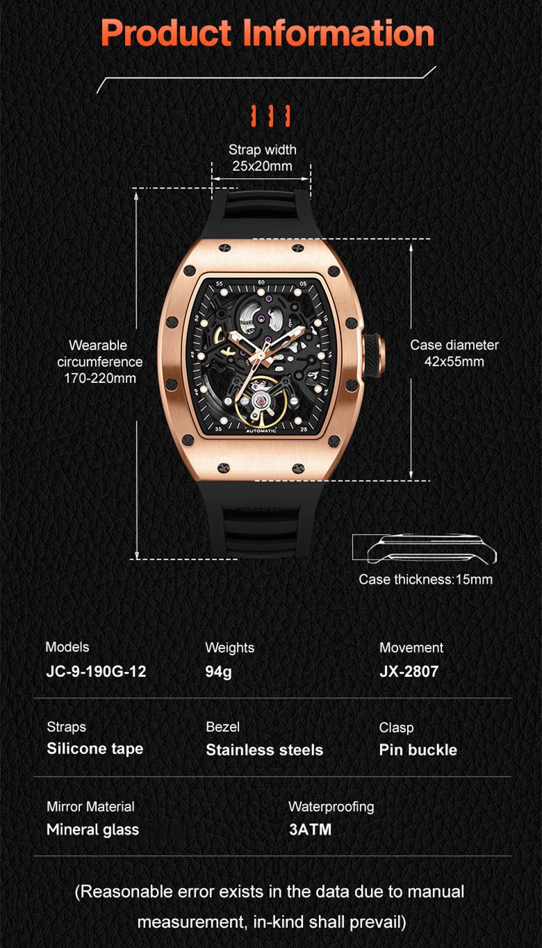 New Automatic Mechanical Watch for Men Luxury Skeleton Dial Luminous Waterproof Sports Military Wristwatch Gift for Man 9190-12-9