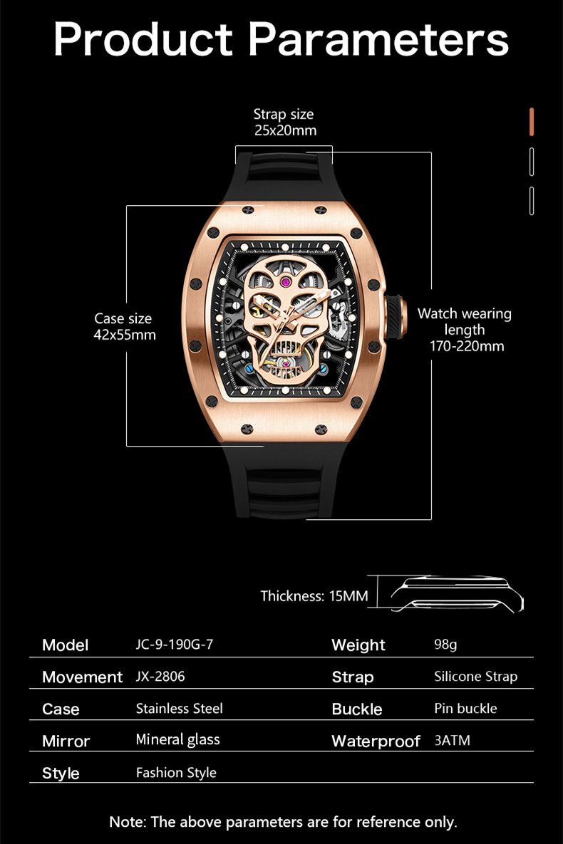 New Men's Watches Skull Hollow Dial Face Mechanical Watch Steel Case Waterproof Sport Wristwatch Automatic Movement Clock 9190-7-7