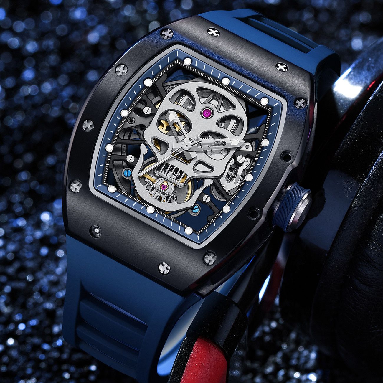 New Men's Watches Skull Hollow Dial Face Mechanical Watch Steel Case Waterproof Sport Wristwatch Automatic Movement Clock 9190-7-5