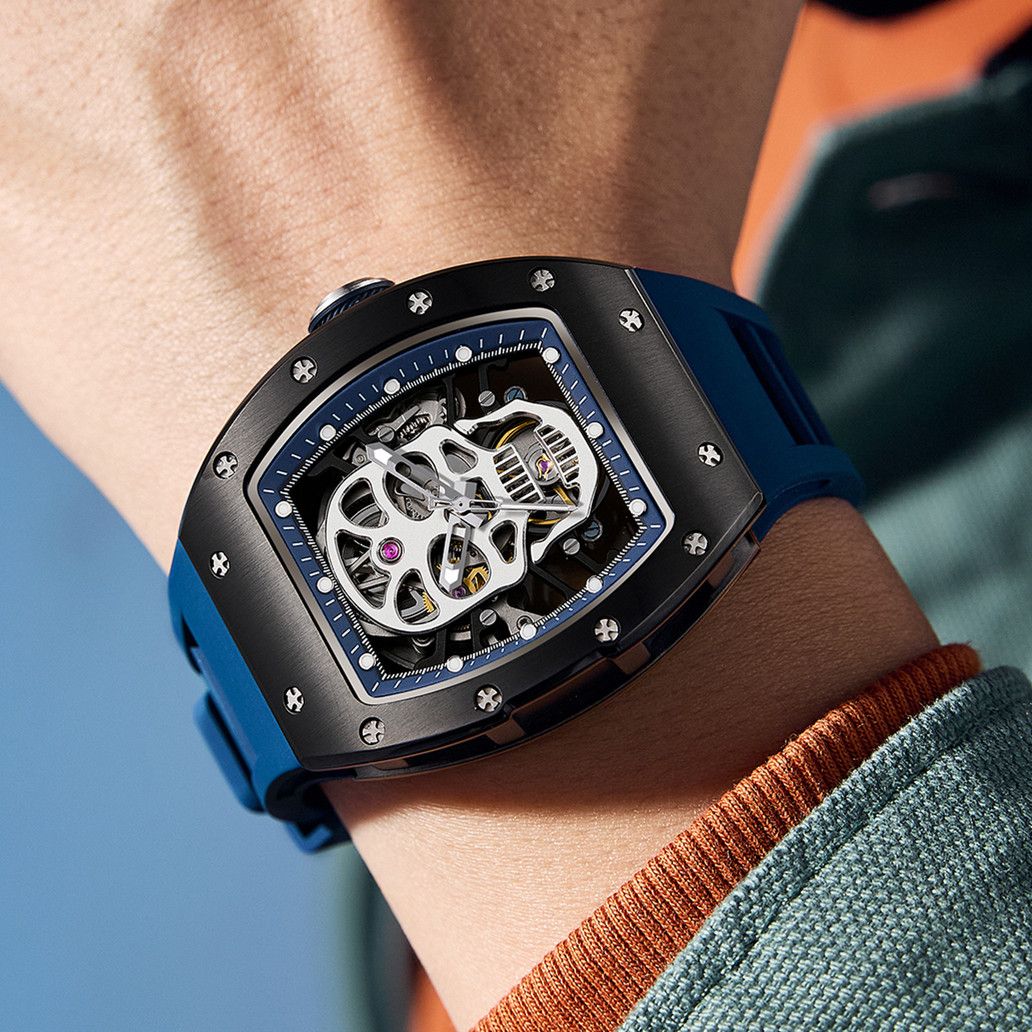 New Men's Watches Skull Hollow Dial Face Mechanical Watch Steel Case Waterproof Sport Wristwatch Automatic Movement Clock 9190-7-1