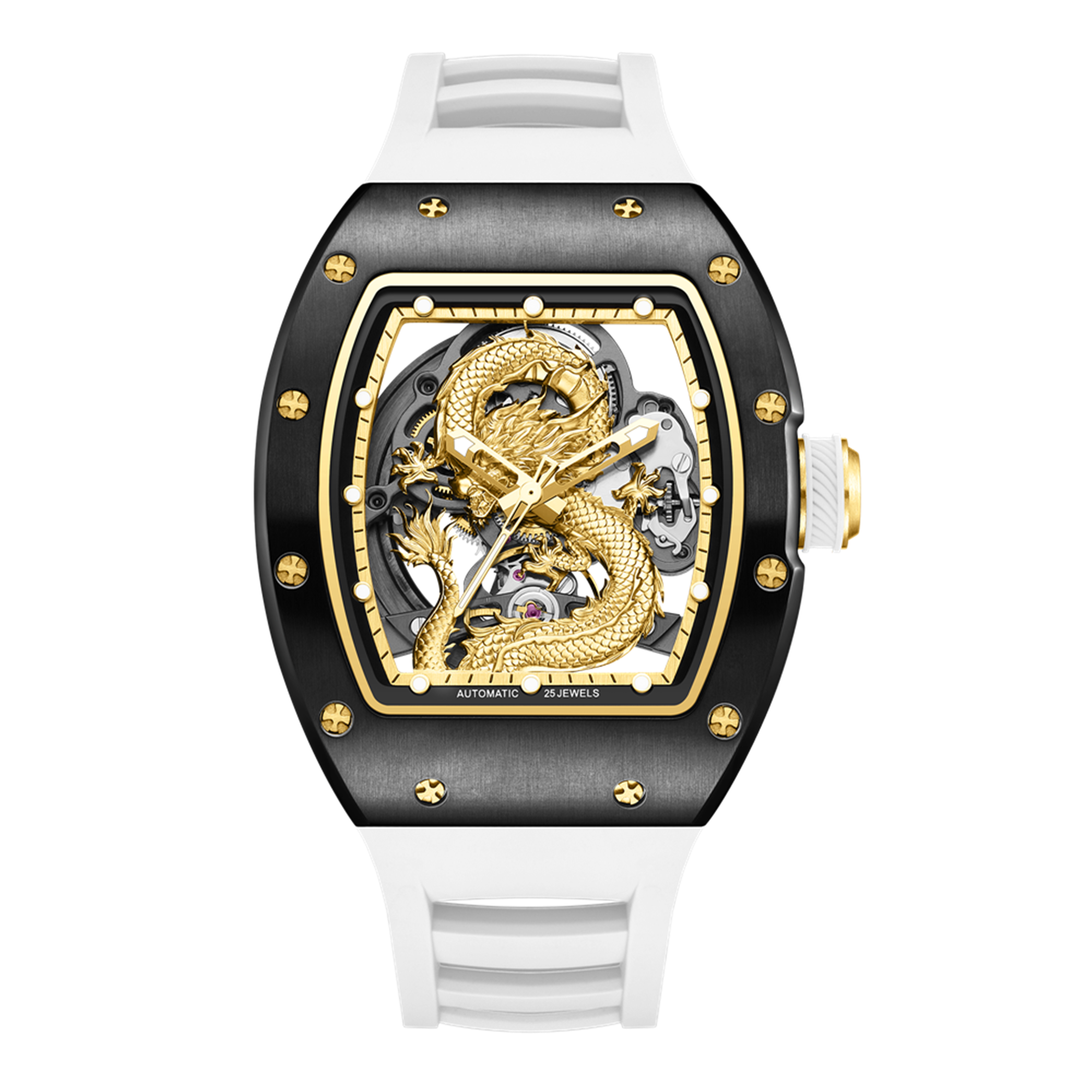 New Automatic Mechanical Skeleton Men Watch Luxury Stainless Steel Case Tonneau Dial Wristwatch Waterproof Sport Watches 9190-15-17