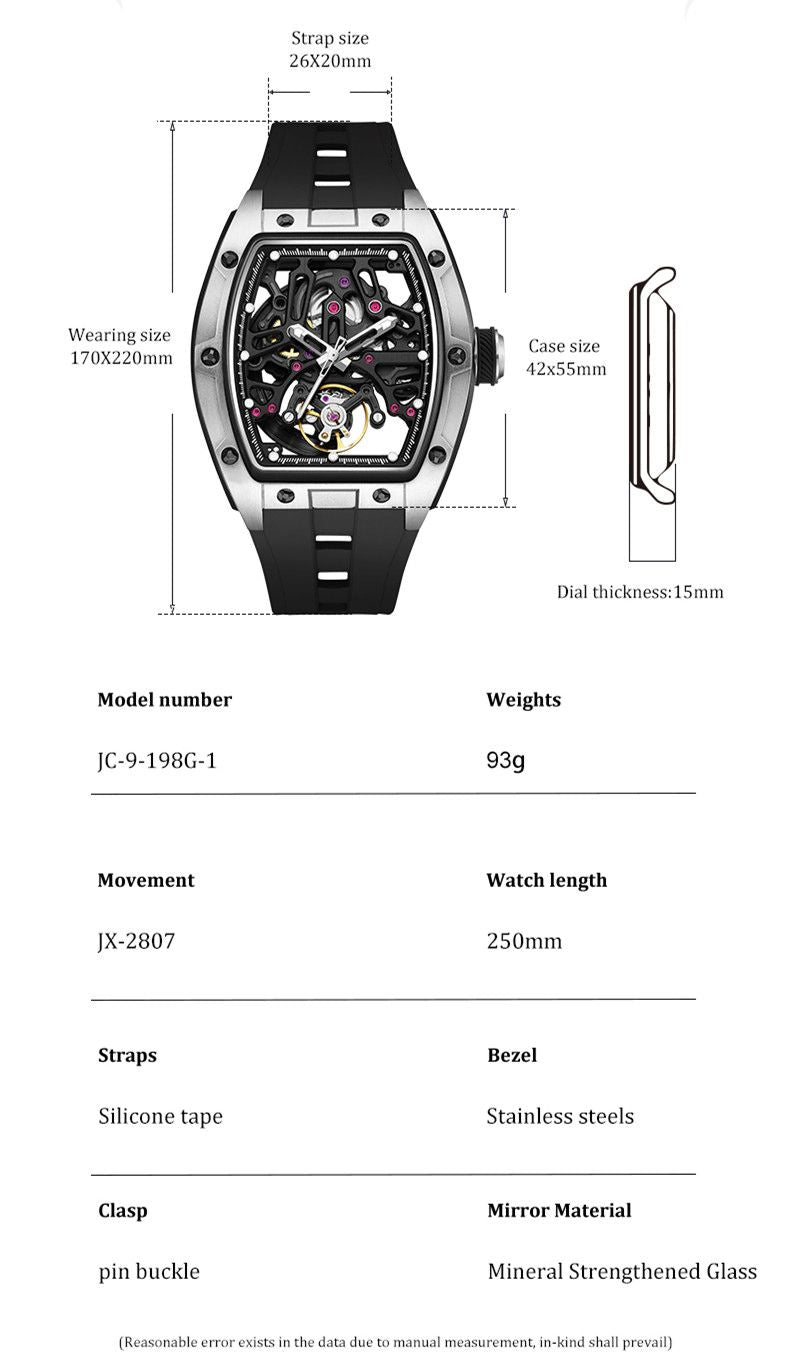 New Skeleton Dial Watches for Men Stainless Steel Case Automatic Mechanical Wristwatch Waterproof Luminous Sport Watch 9198-1-7