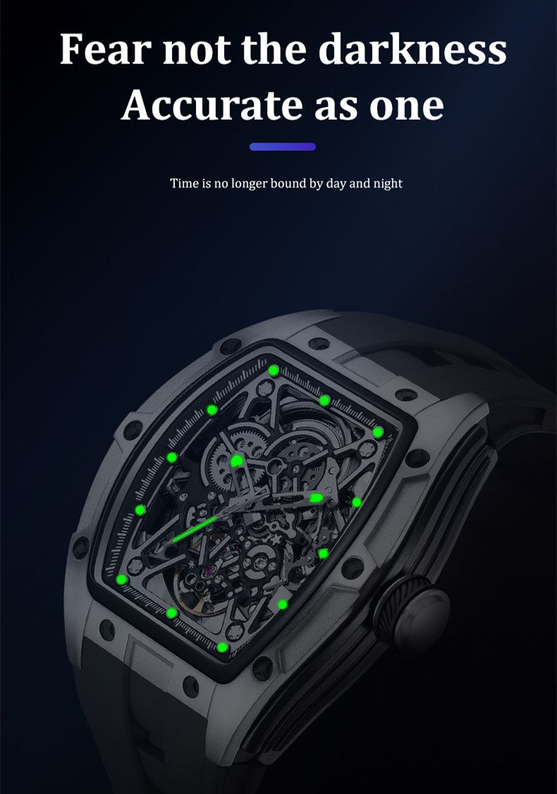 New Men's Mechanical Watch Fashion Hollow Out Automatic Movement Sport Wristwatches Waterproof Silicone Strap Watches 9198-3-8