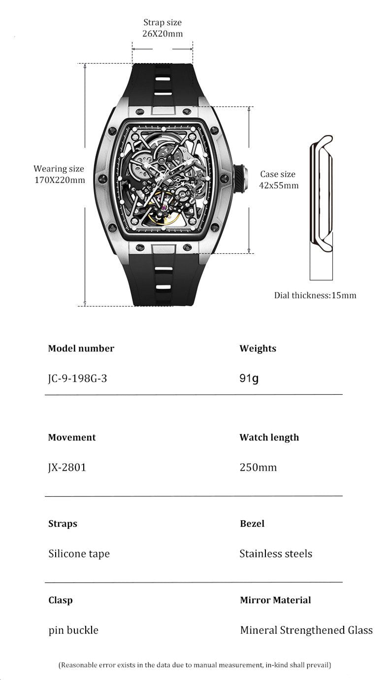 New Men's Mechanical Watch Fashion Hollow Out Automatic Movement Sport Wristwatches Waterproof Silicone Strap Watches 9198-3-7