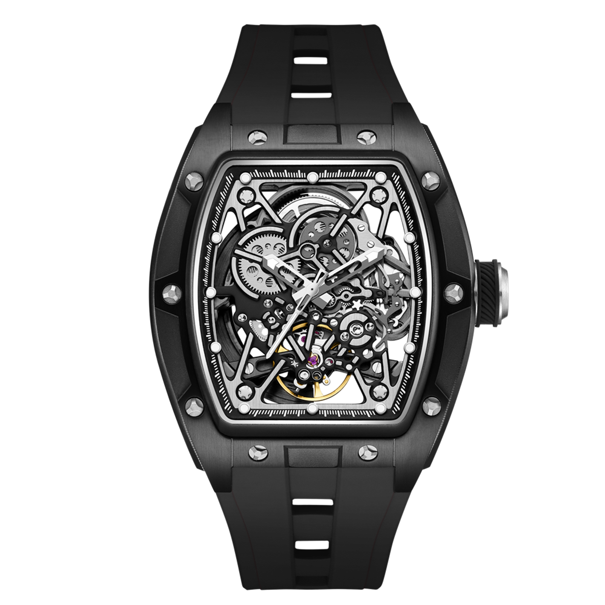 New Men's Mechanical Watch Fashion Hollow Out Automatic Movement Sport Wristwatches Waterproof Silicone Strap Watches 9198-3-11