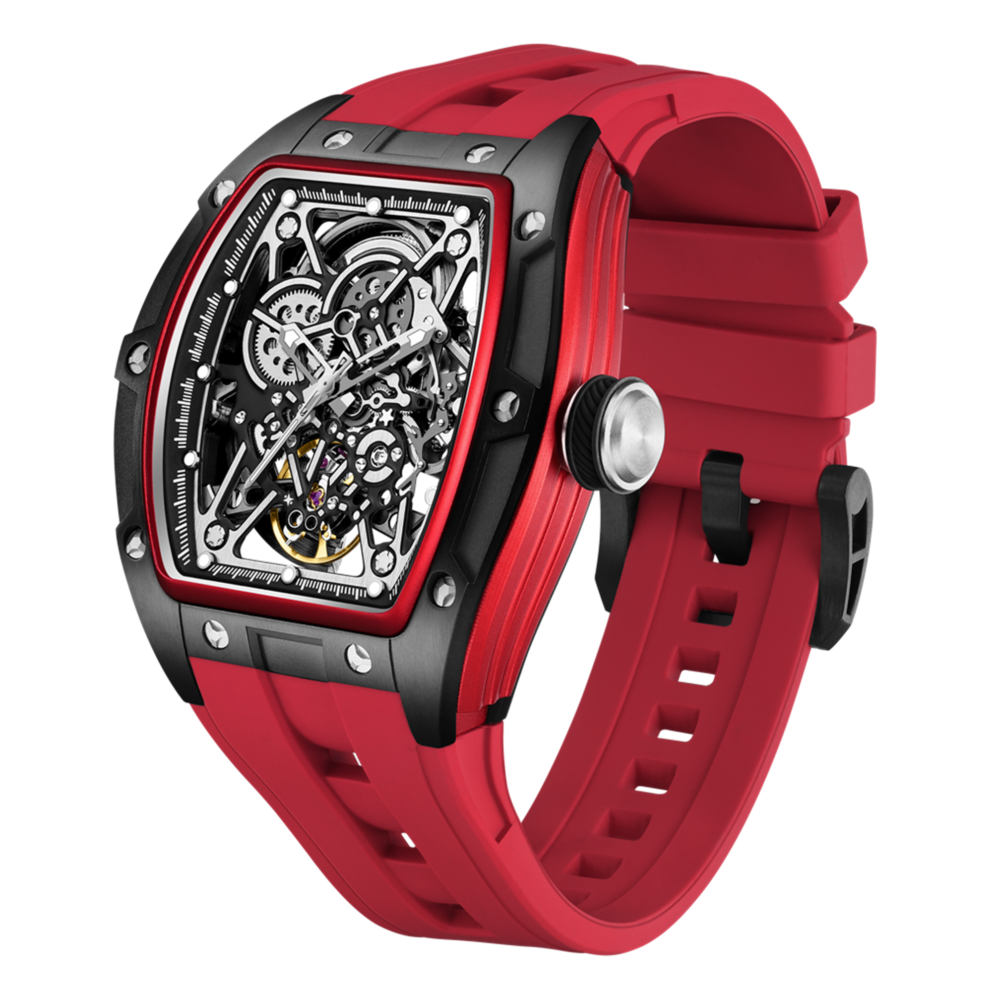 New Men's Mechanical Watch Fashion Hollow Out Automatic Movement Sport Wristwatches Waterproof Silicone Strap Watches 9198-3-14