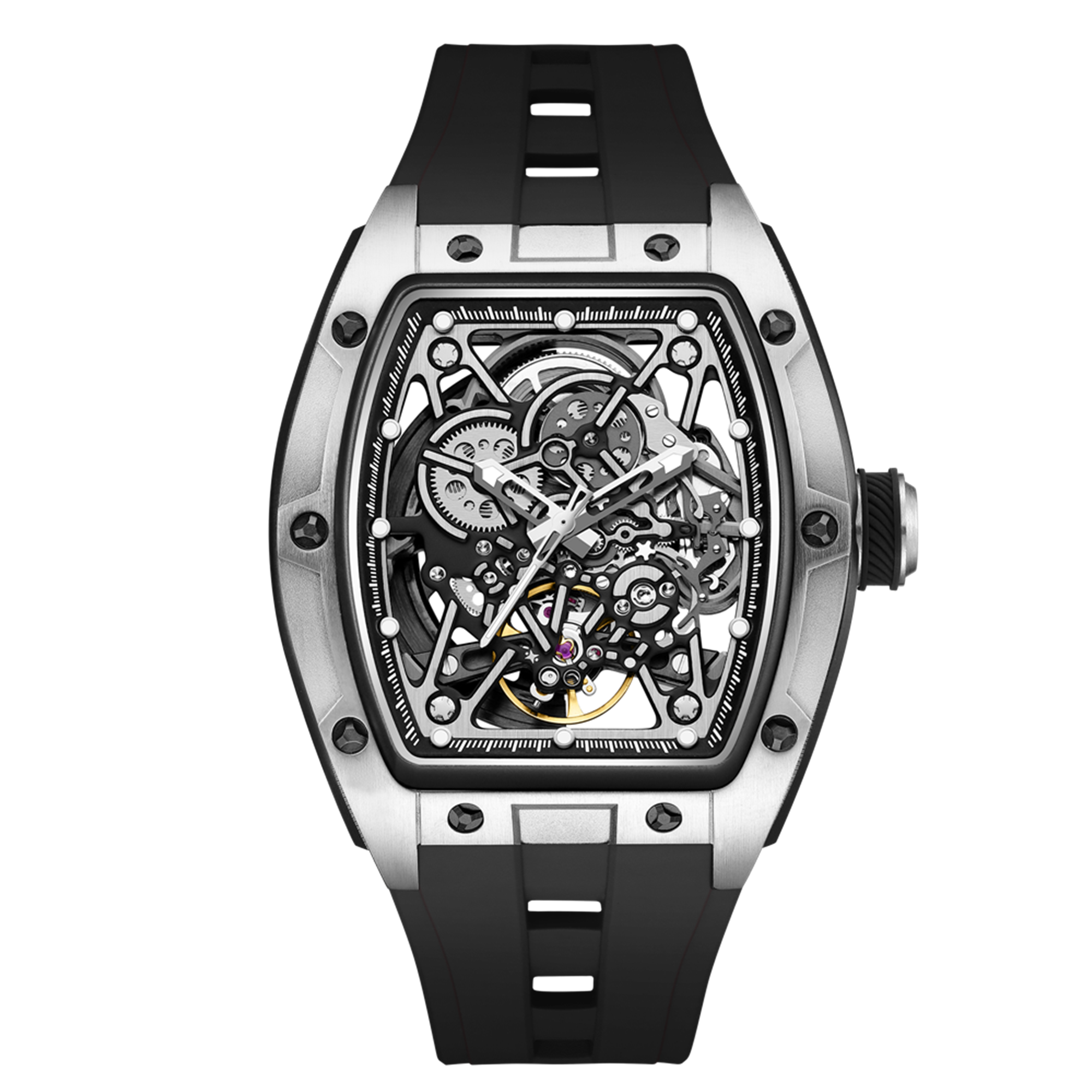 New Men's Mechanical Watch Fashion Hollow Out Automatic Movement Sport Wristwatches Waterproof Silicone Strap Watches 9198-3-12