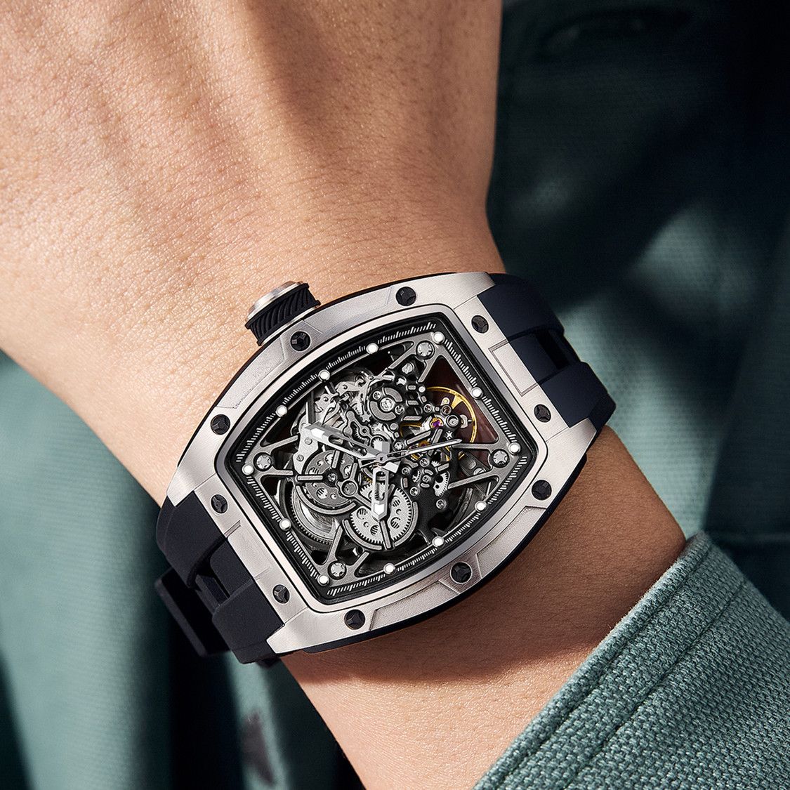 New Men's Mechanical Watch Fashion Hollow Out Automatic Movement Sport Wristwatches Waterproof Silicone Strap Watches 9198-3-4