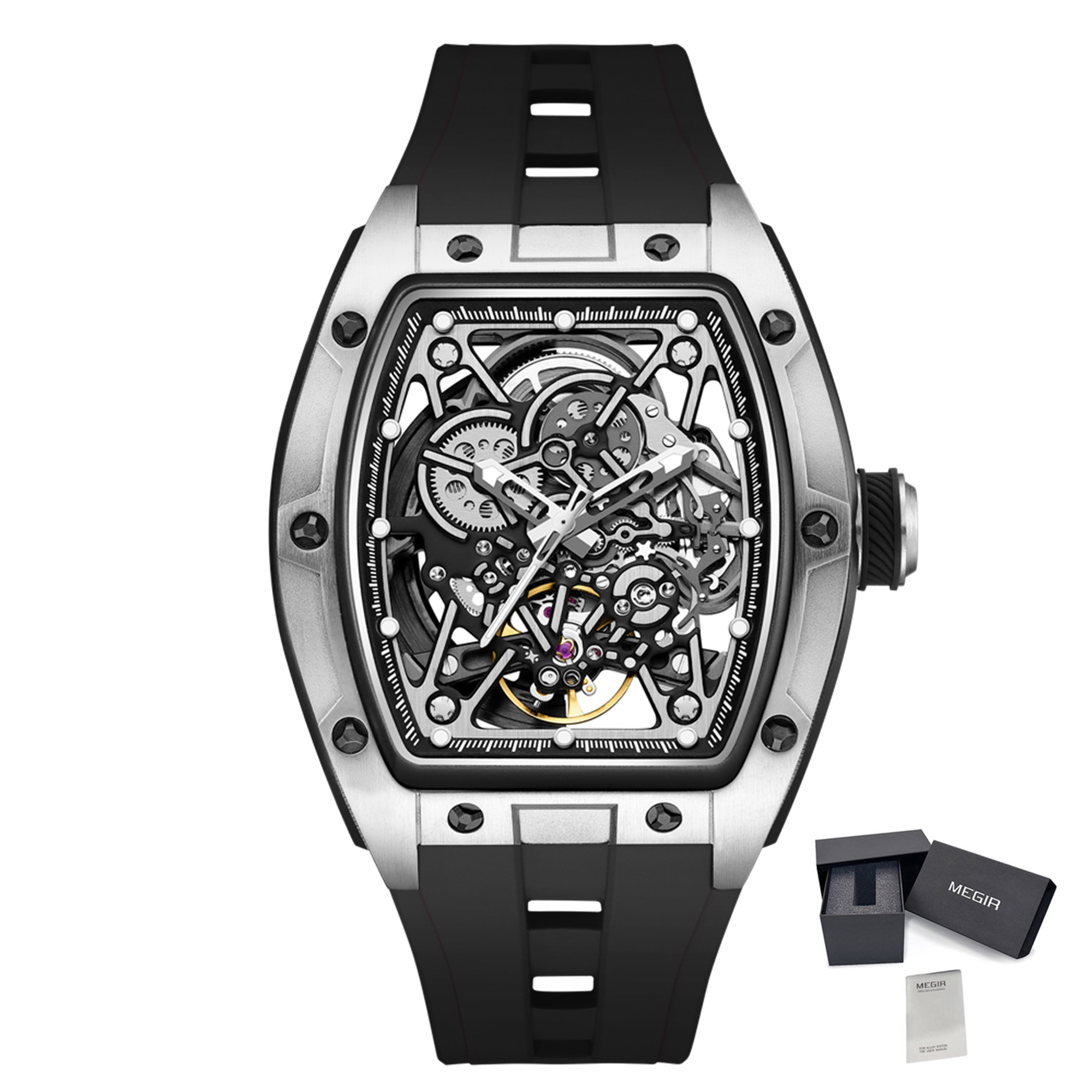 New Men's Mechanical Watch Fashion Hollow Out Automatic Movement Sport Wristwatches Waterproof Silicone Strap Watches 9198-3-18