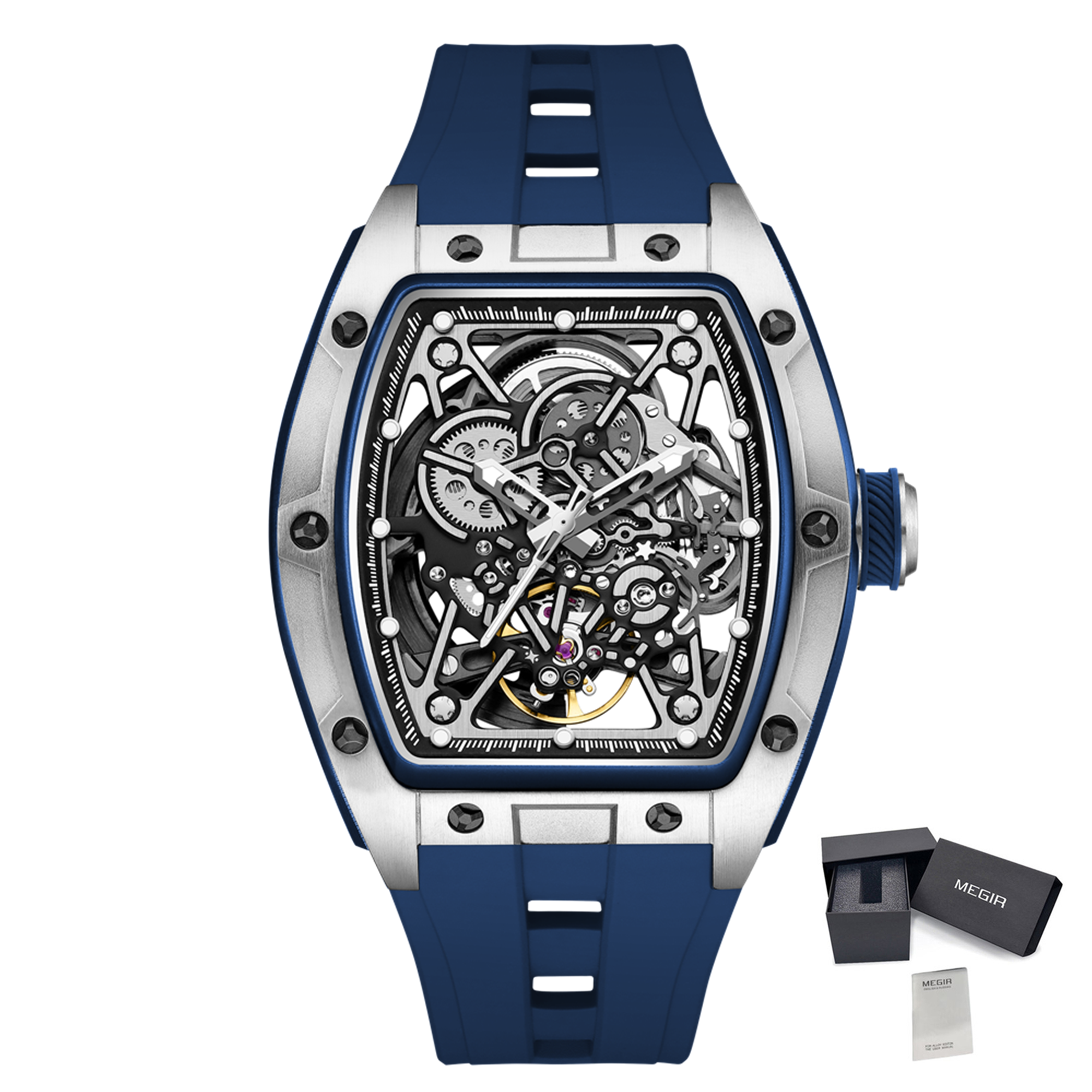 New Men's Mechanical Watch Fashion Hollow Out Automatic Movement Sport Wristwatches Waterproof Silicone Strap Watches 9198-3-16