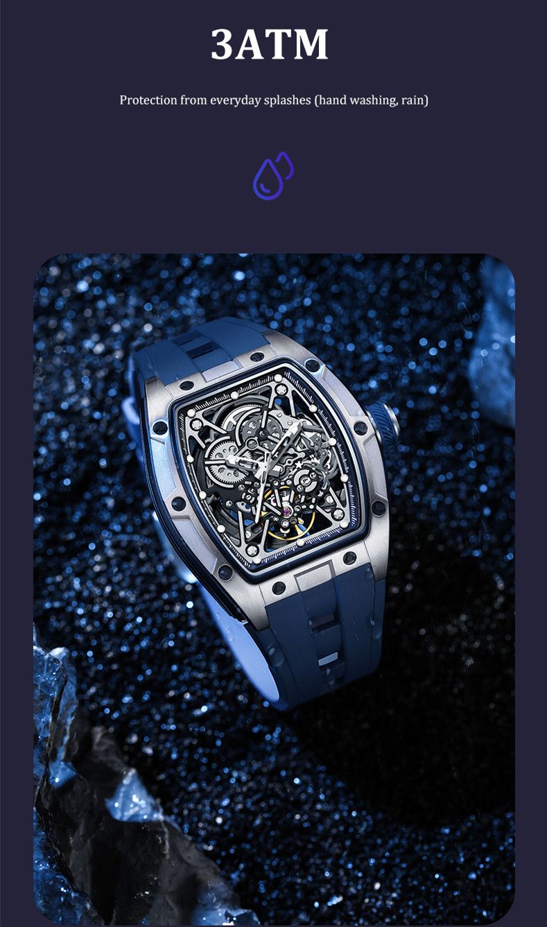 New Men's Mechanical Watch Fashion Hollow Out Automatic Movement Sport Wristwatches Waterproof Silicone Strap Watches 9198-3-9