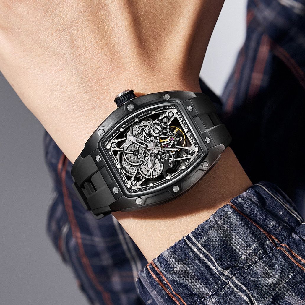 New Men's Mechanical Watch Fashion Hollow Out Automatic Movement Sport Wristwatches Waterproof Silicone Strap Watches 9198-3-5