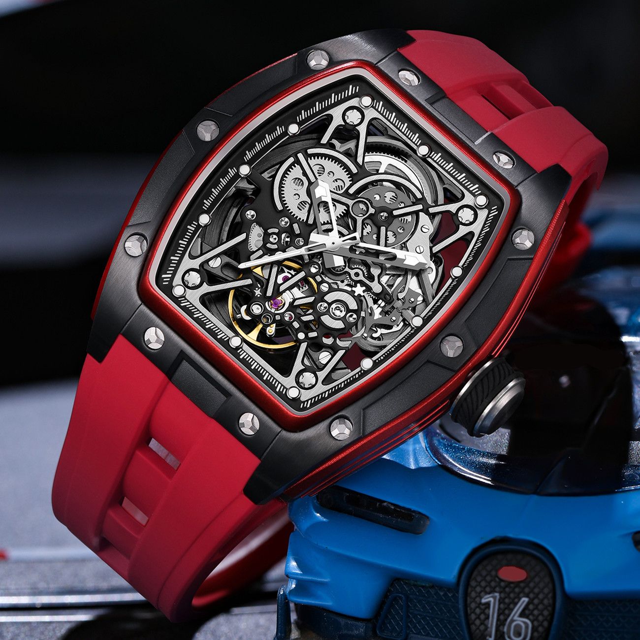 New Men's Mechanical Watch Fashion Hollow Out Automatic Movement Sport Wristwatches Waterproof Silicone Strap Watches 9198-3-6