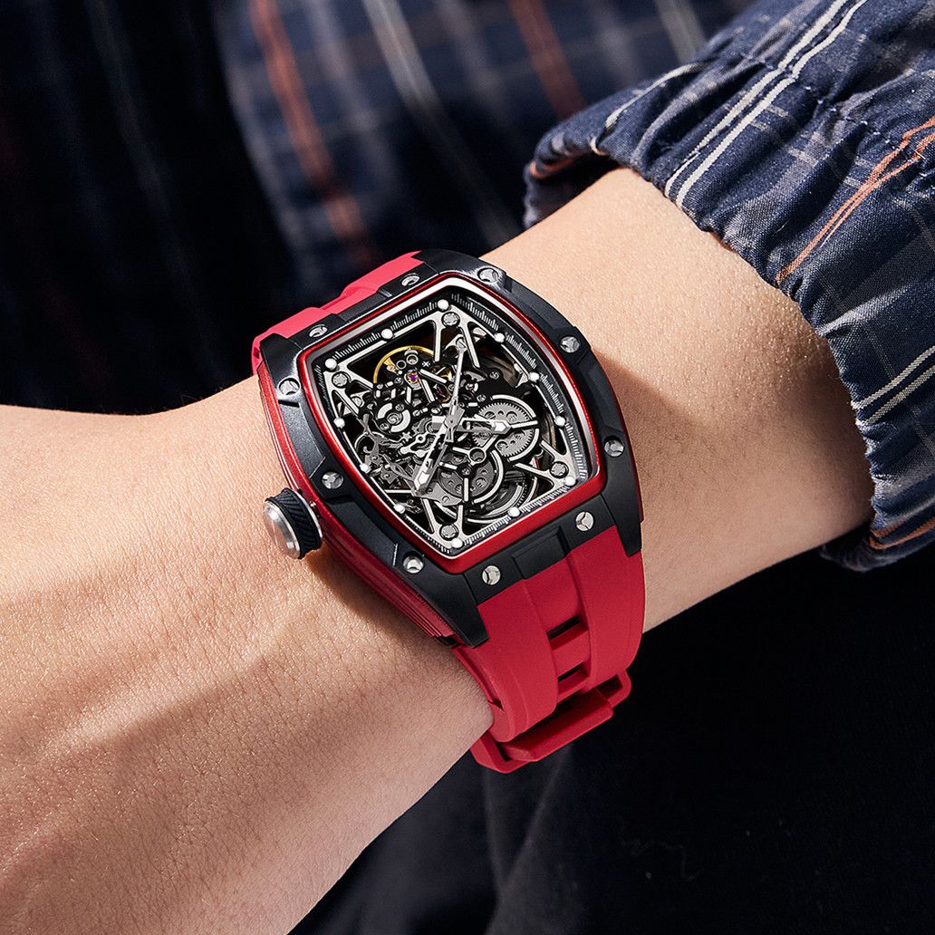 New Men's Mechanical Watch Fashion Hollow Out Automatic Movement Sport Wristwatches Waterproof Silicone Strap Watches 9198-3-1