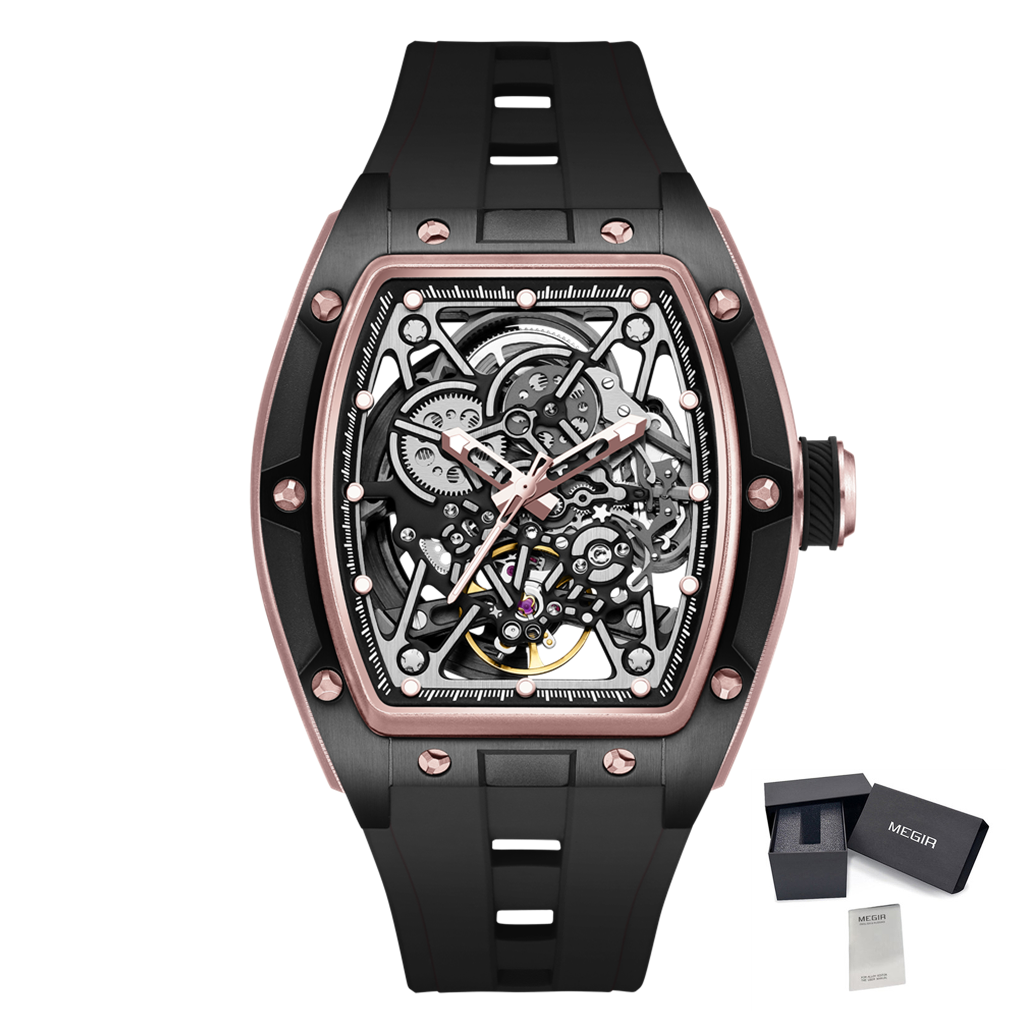 New Men's Mechanical Watch Fashion Hollow Out Automatic Movement Sport Wristwatches Waterproof Silicone Strap Watches 9198-3-20