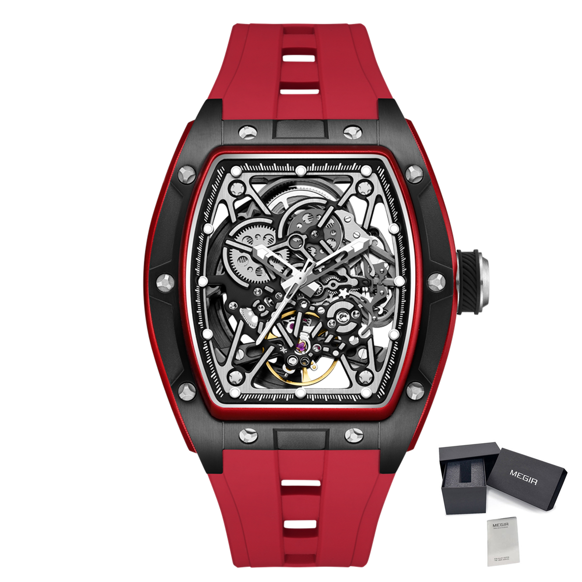 New Men's Mechanical Watch Fashion Hollow Out Automatic Movement Sport Wristwatches Waterproof Silicone Strap Watches 9198-3-19