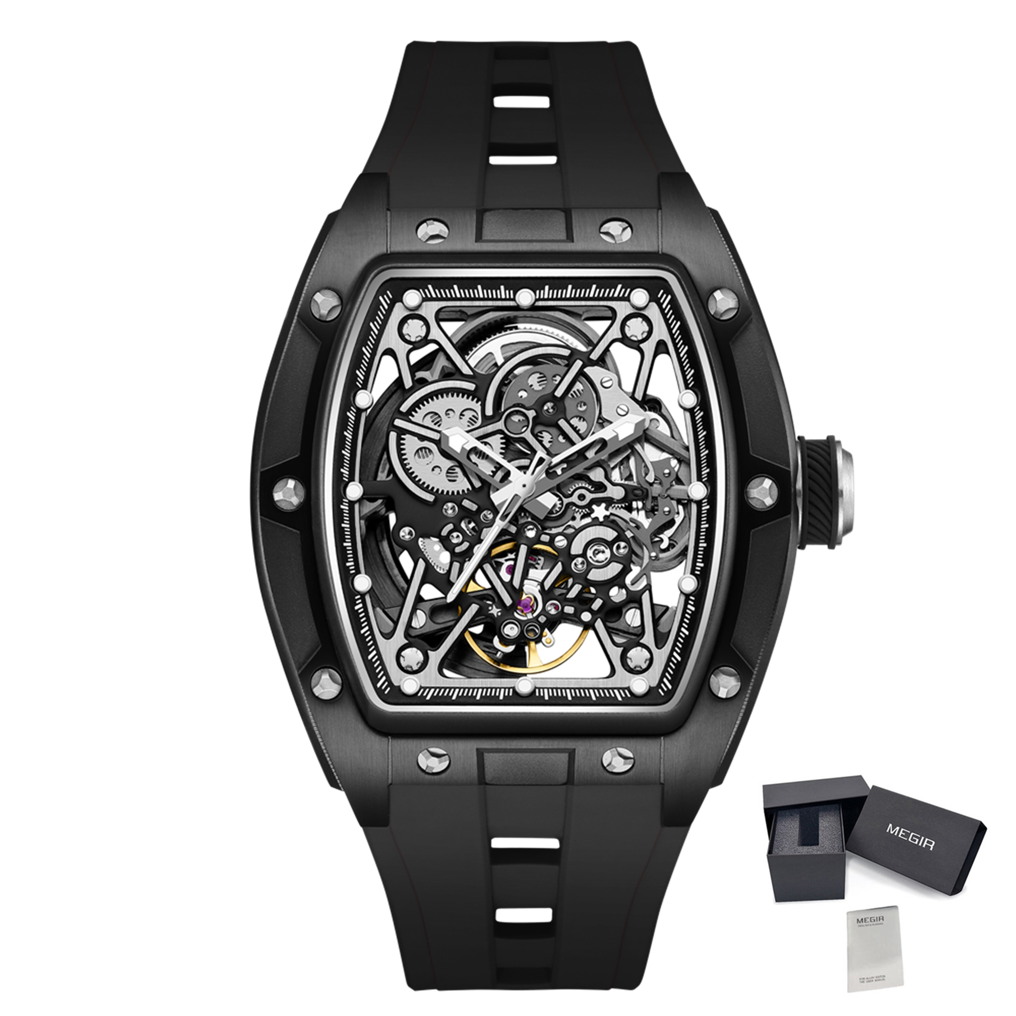 New Men's Mechanical Watch Fashion Hollow Out Automatic Movement Sport Wristwatches Waterproof Silicone Strap Watches 9198-3-17