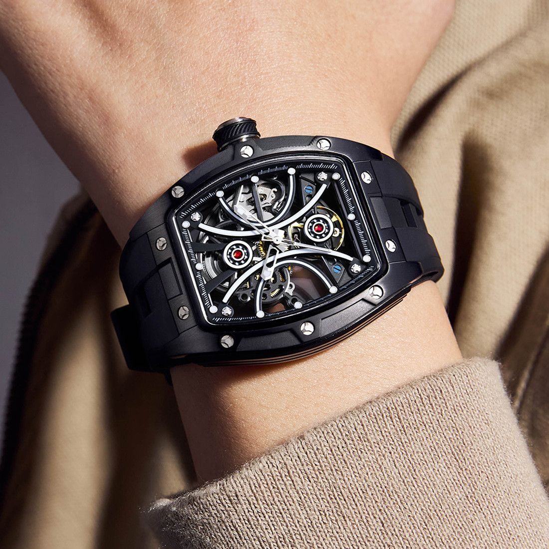 New Men's Sports Watch Fashion Automatic Mechanical Movement Watches Skeleton Luminous Waterproof Business Wristwatches 9198-4-5