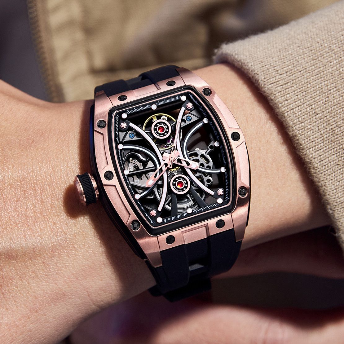 New Men's Sports Watch Fashion Automatic Mechanical Movement Watches Skeleton Luminous Waterproof Business Wristwatches 9198-4-2