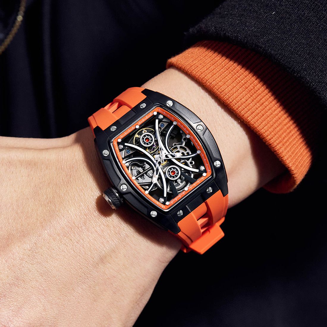 New Men's Sports Watch Fashion Automatic Mechanical Movement Watches Skeleton Luminous Waterproof Business Wristwatches 9198-4-1