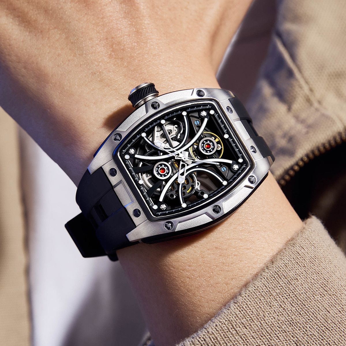 New Men's Sports Watch Fashion Automatic Mechanical Movement Watches Skeleton Luminous Waterproof Business Wristwatches 9198-4-4