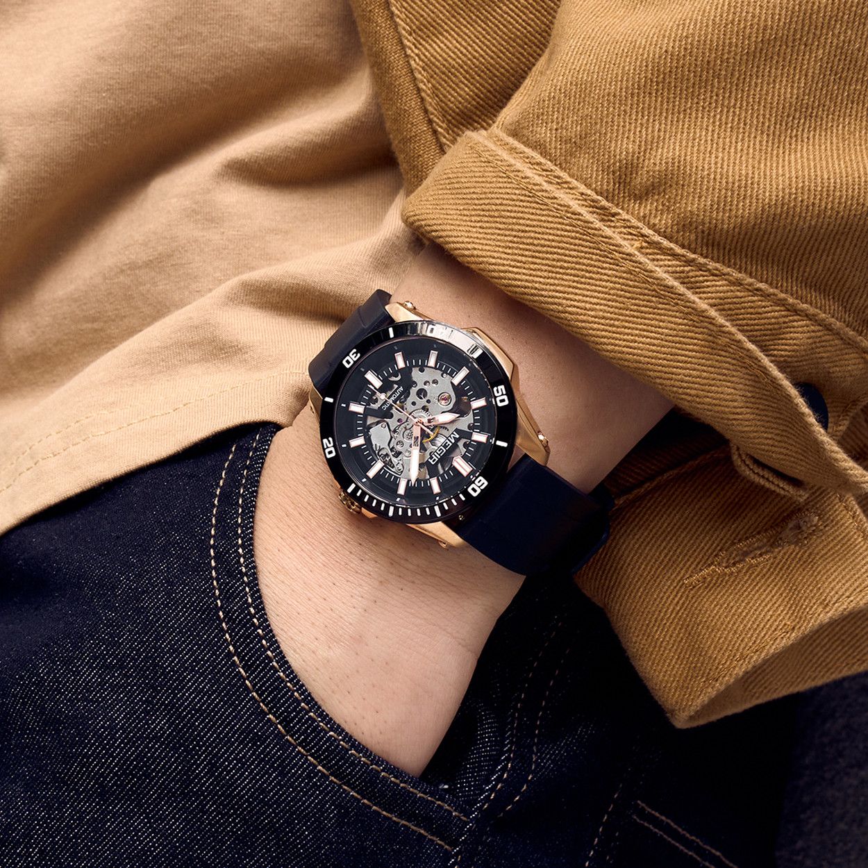 MEGIR Fashion Hollow Out Mechanical Watch for Men Stainless Steel Case Sapphire Full Automatic Wristwatch Relogio Masculino 8605-3