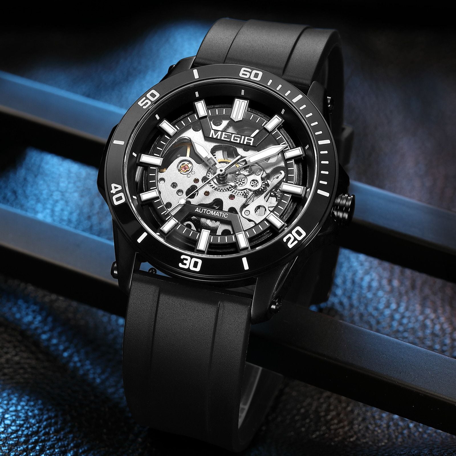 MEGIR Fashion Hollow Out Mechanical Watch for Men Stainless Steel Case Sapphire Full Automatic Wristwatch Relogio Masculino 8605-9