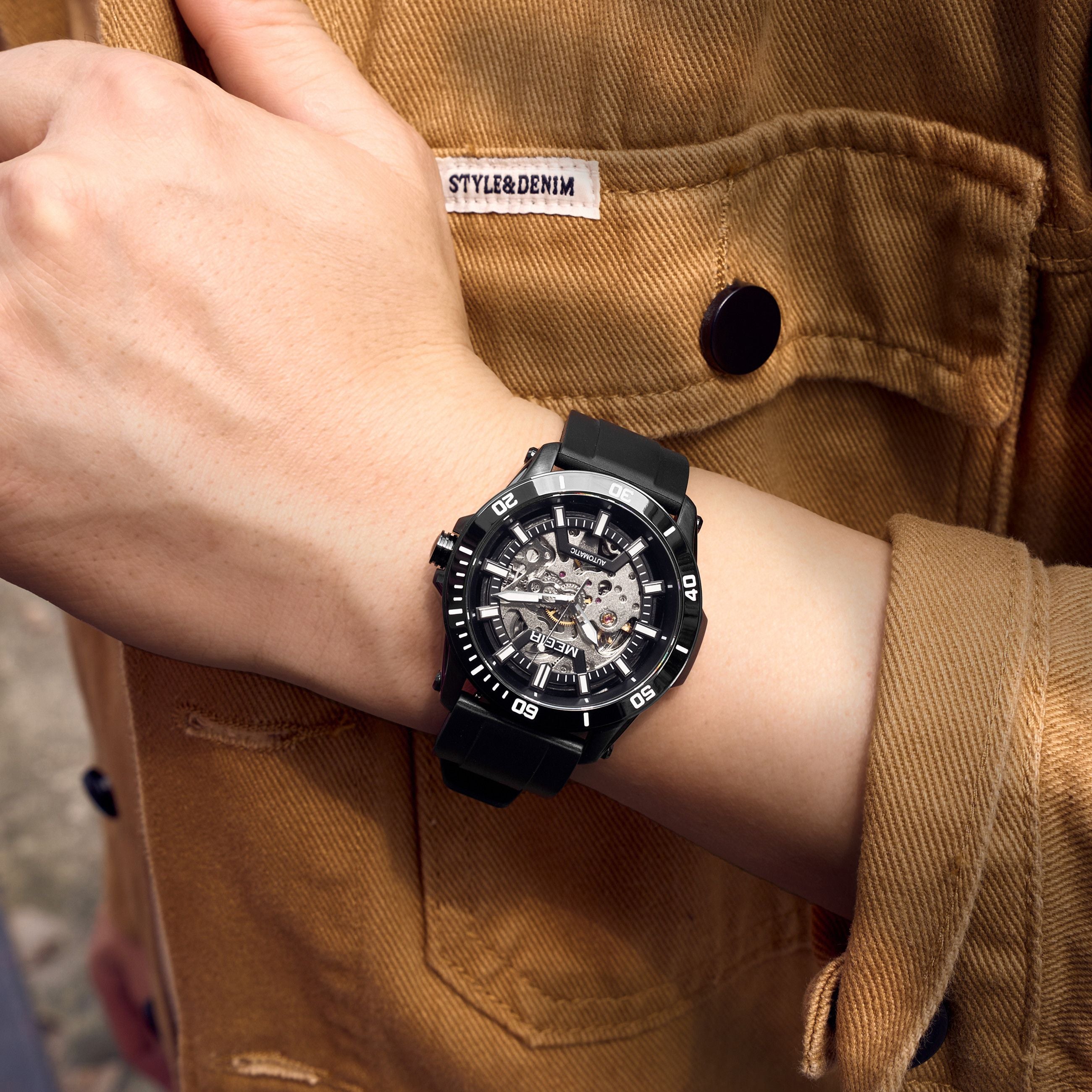 MEGIR Fashion Hollow Out Mechanical Watch for Men Stainless Steel Case Sapphire Full Automatic Wristwatch Relogio Masculino 8605-4