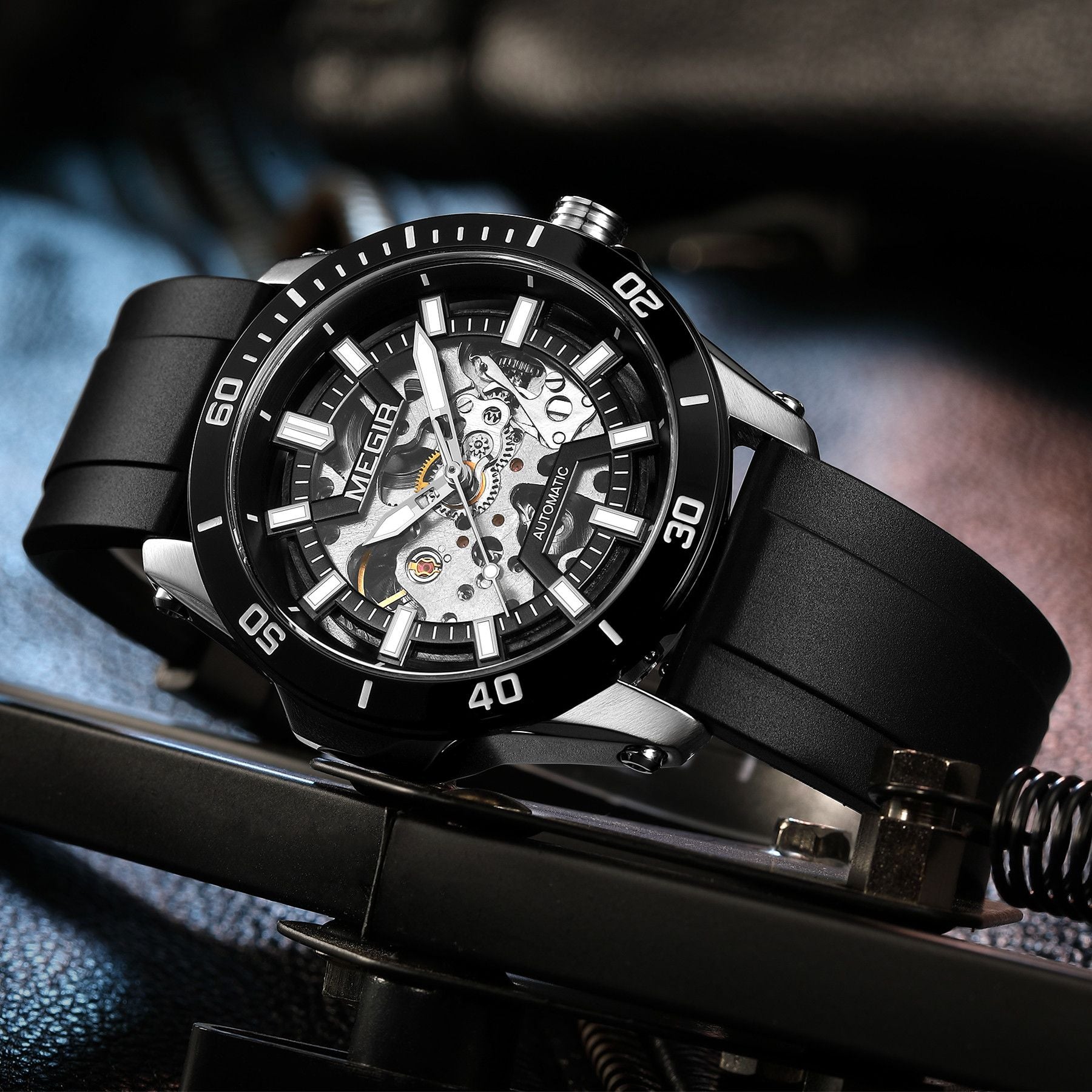 MEGIR Fashion Hollow Out Mechanical Watch for Men Stainless Steel Case Sapphire Full Automatic Wristwatch Relogio Masculino 8605-10