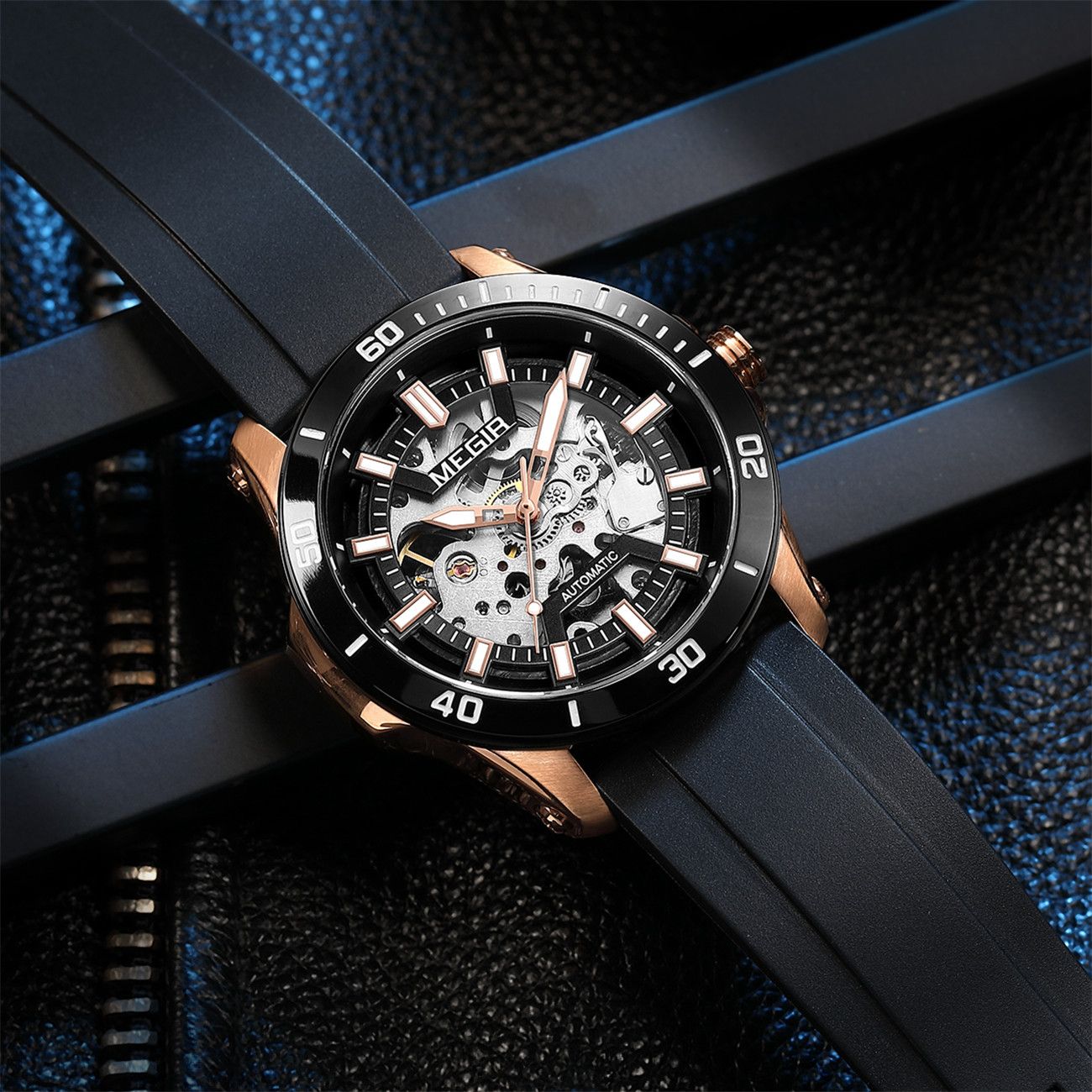 MEGIR Fashion Hollow Out Mechanical Watch for Men Stainless Steel Case Sapphire Full Automatic Wristwatch Relogio Masculino 8605-11