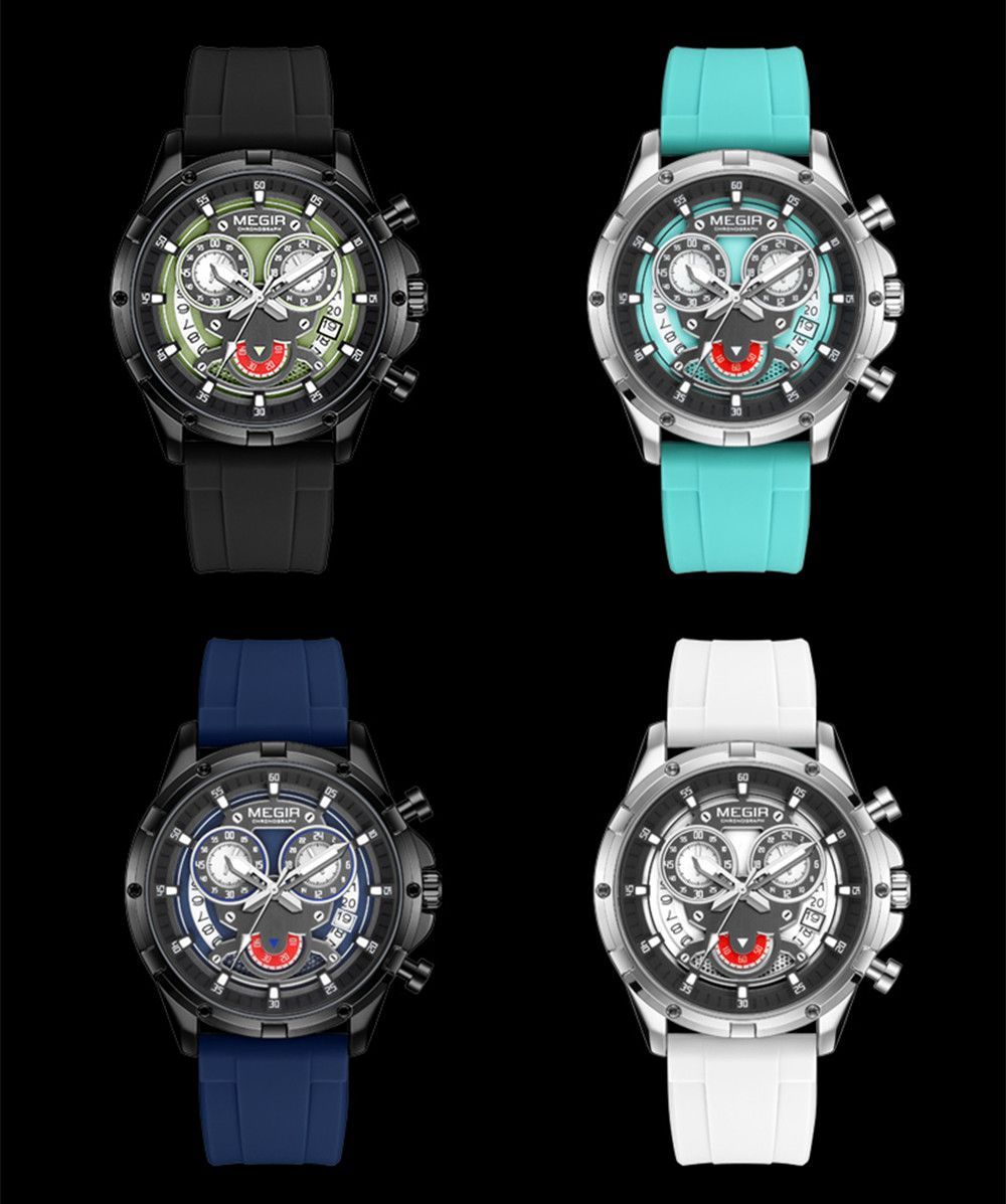 MEGIR Men's Sport Watches Silicone Strap Military Quartz Chronograph Waterproof Luminous Wristwatch 24-hour Auto Date Reloj Hombre 2248-2