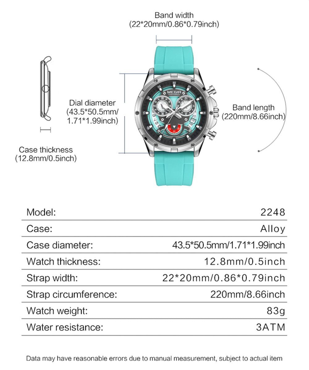 MEGIR Men's Sport Watches Silicone Strap Military Quartz Chronograph Waterproof Luminous Wristwatch 24-hour Auto Date Reloj Hombre 2248-4