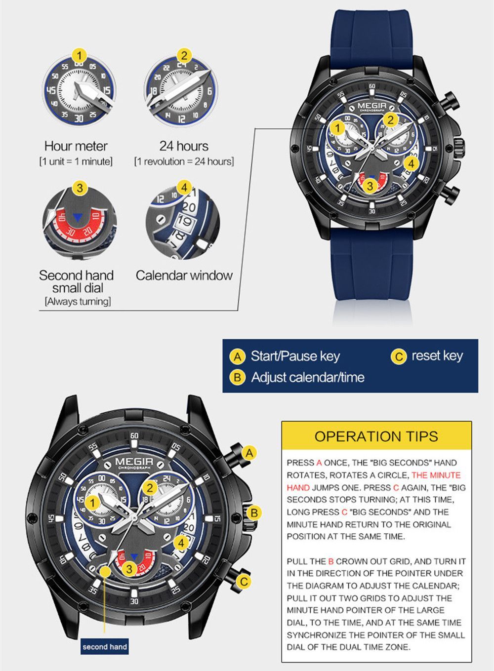 MEGIR Men's Sport Watches Silicone Strap Military Quartz Chronograph Waterproof Luminous Wristwatch 24-hour Auto Date Reloj Hombre 2248-3