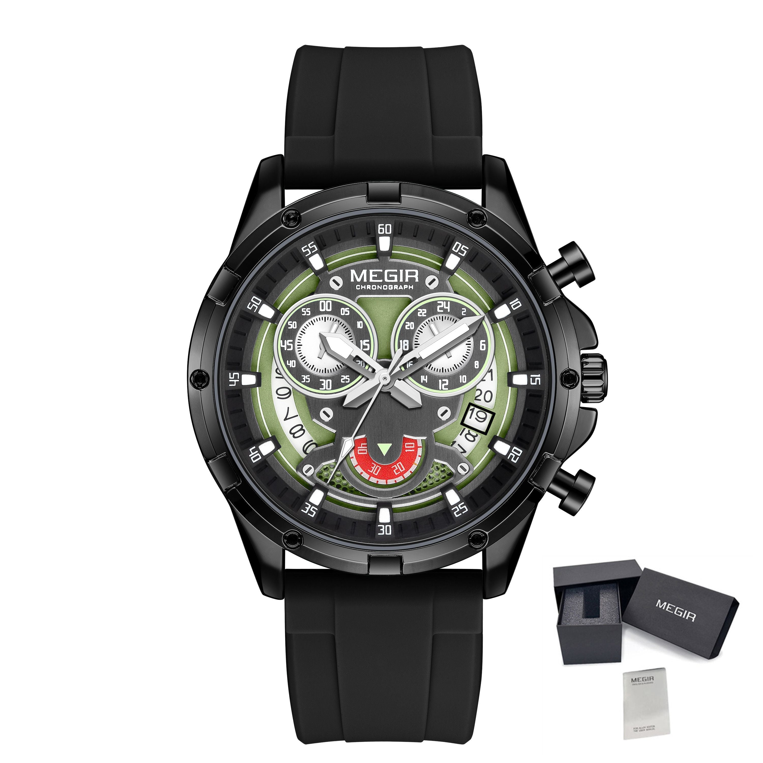 MEGIR Men's Sport Watches Silicone Strap Military Quartz Chronograph Waterproof Luminous Wristwatch 24-hour Auto Date Reloj Hombre 2248-13