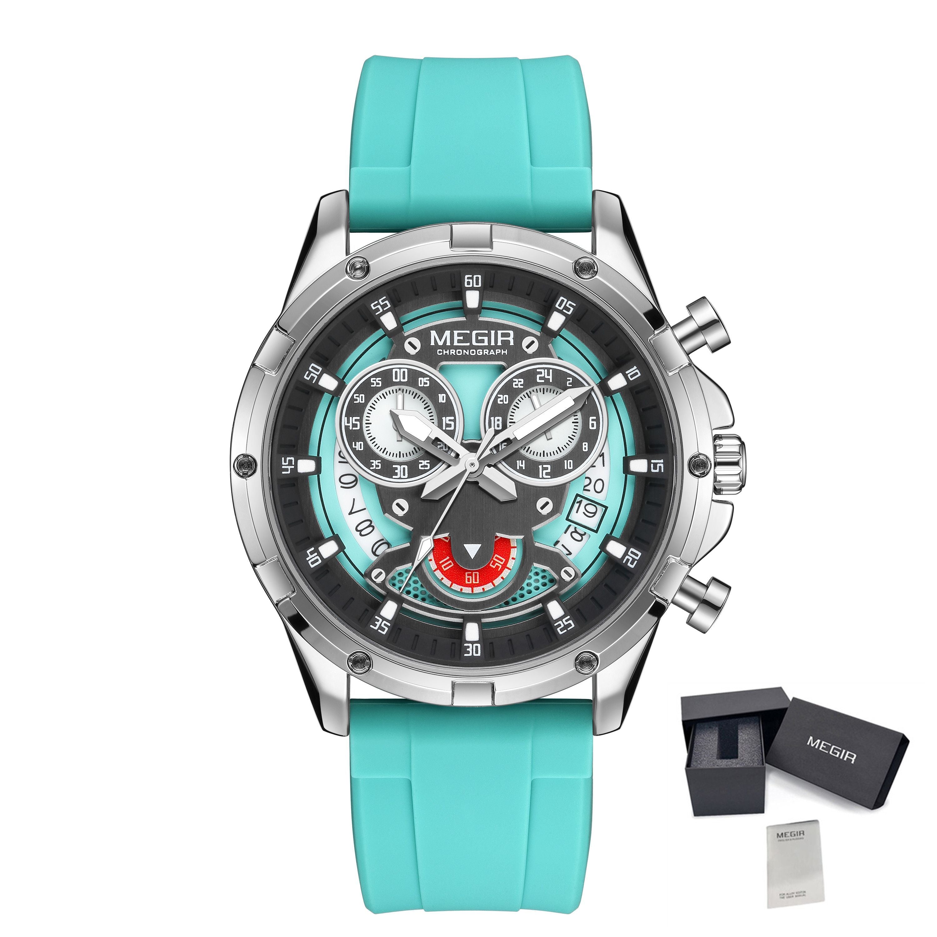 MEGIR Men's Sport Watches Silicone Strap Military Quartz Chronograph Waterproof Luminous Wristwatch 24-hour Auto Date Reloj Hombre 2248-14