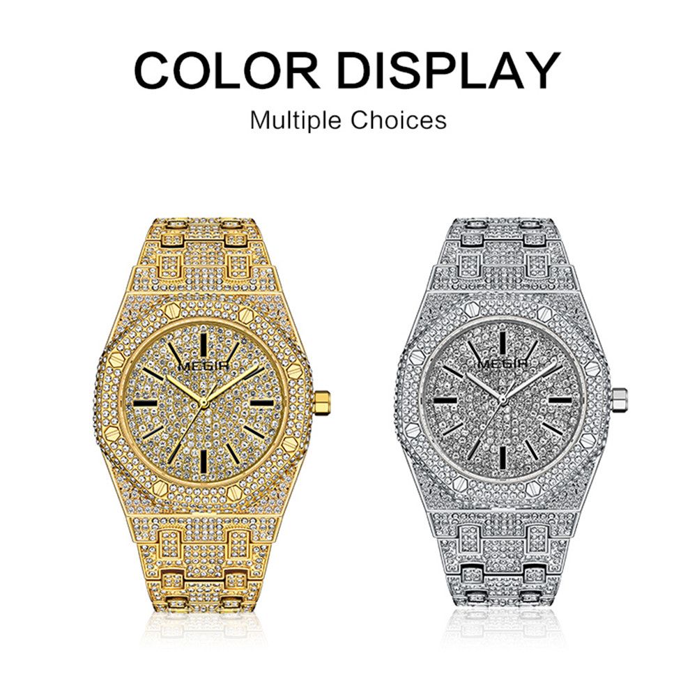 MEGIR Luxury Diamond Men Watches Stainless Steel Band Quartz Wristwatches Waterproof Male Clock Business Watch Reloj Hombre 1091-8