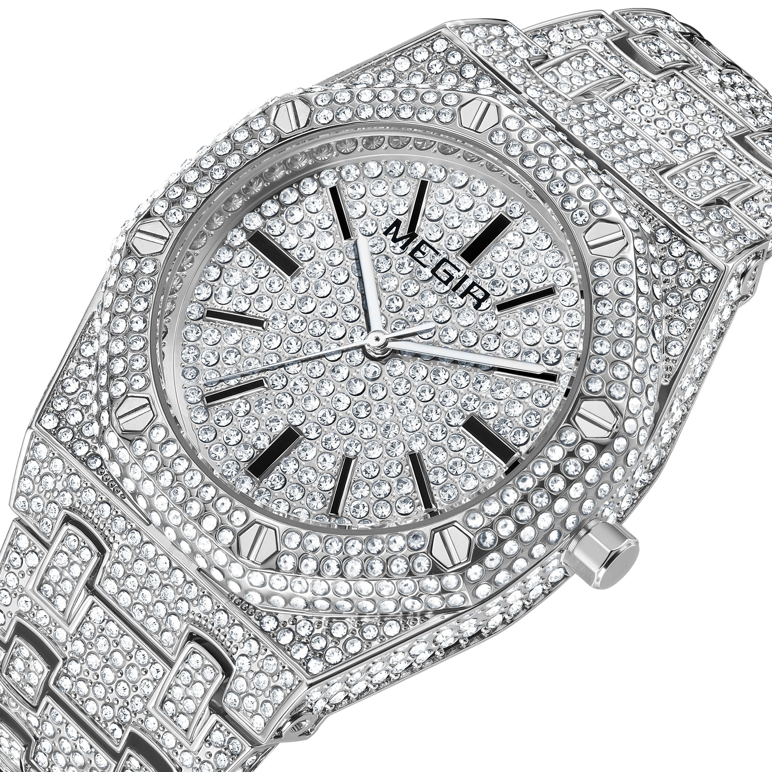 MEGIR Luxury Diamond Men Watches Stainless Steel Band Quartz Wristwatches Waterproof Male Clock Business Watch Reloj Hombre 1091-3