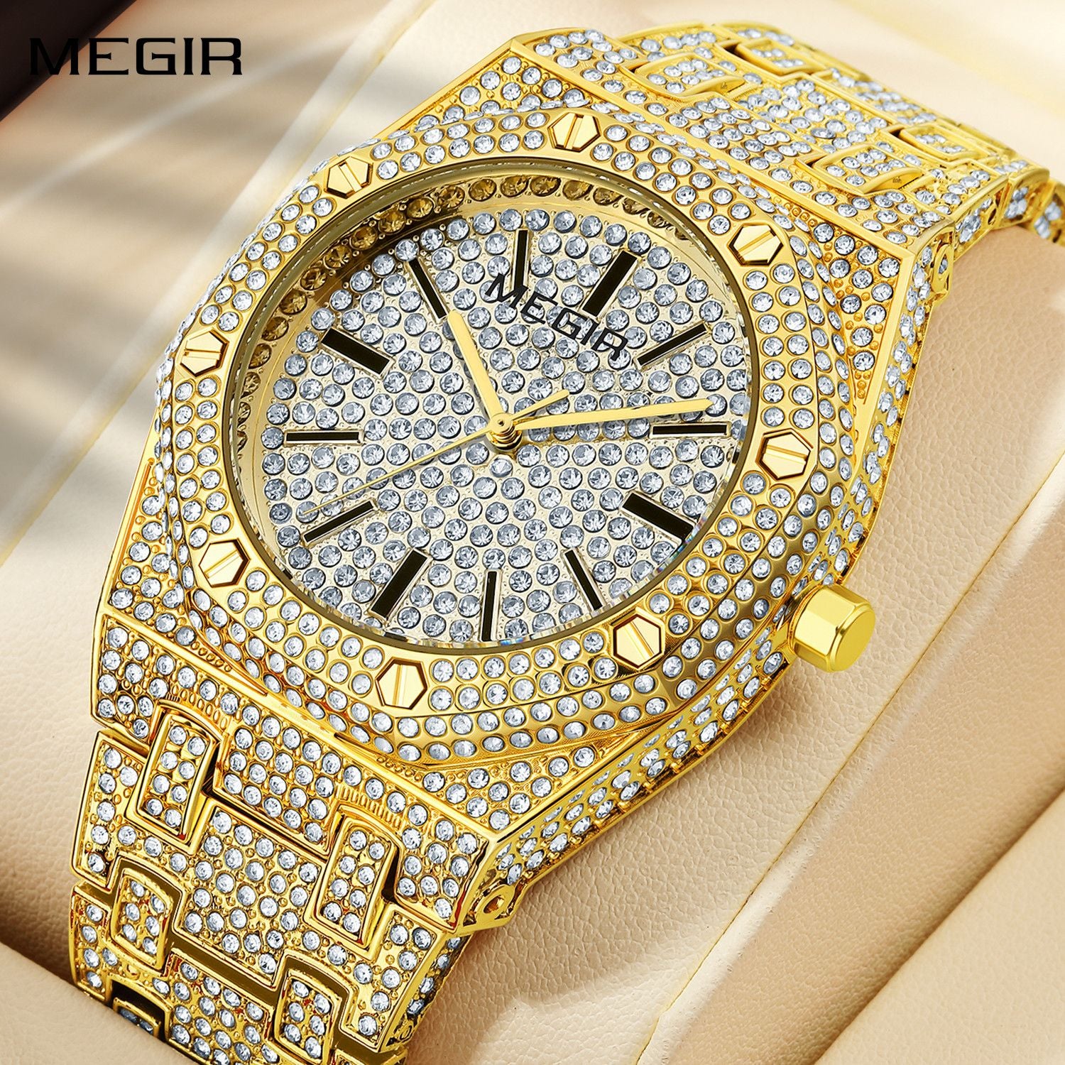 MEGIR Luxury Diamond Men Watches Stainless Steel Band Quartz Wristwatches Waterproof Male Clock Business Watch Reloj Hombre 1091-0