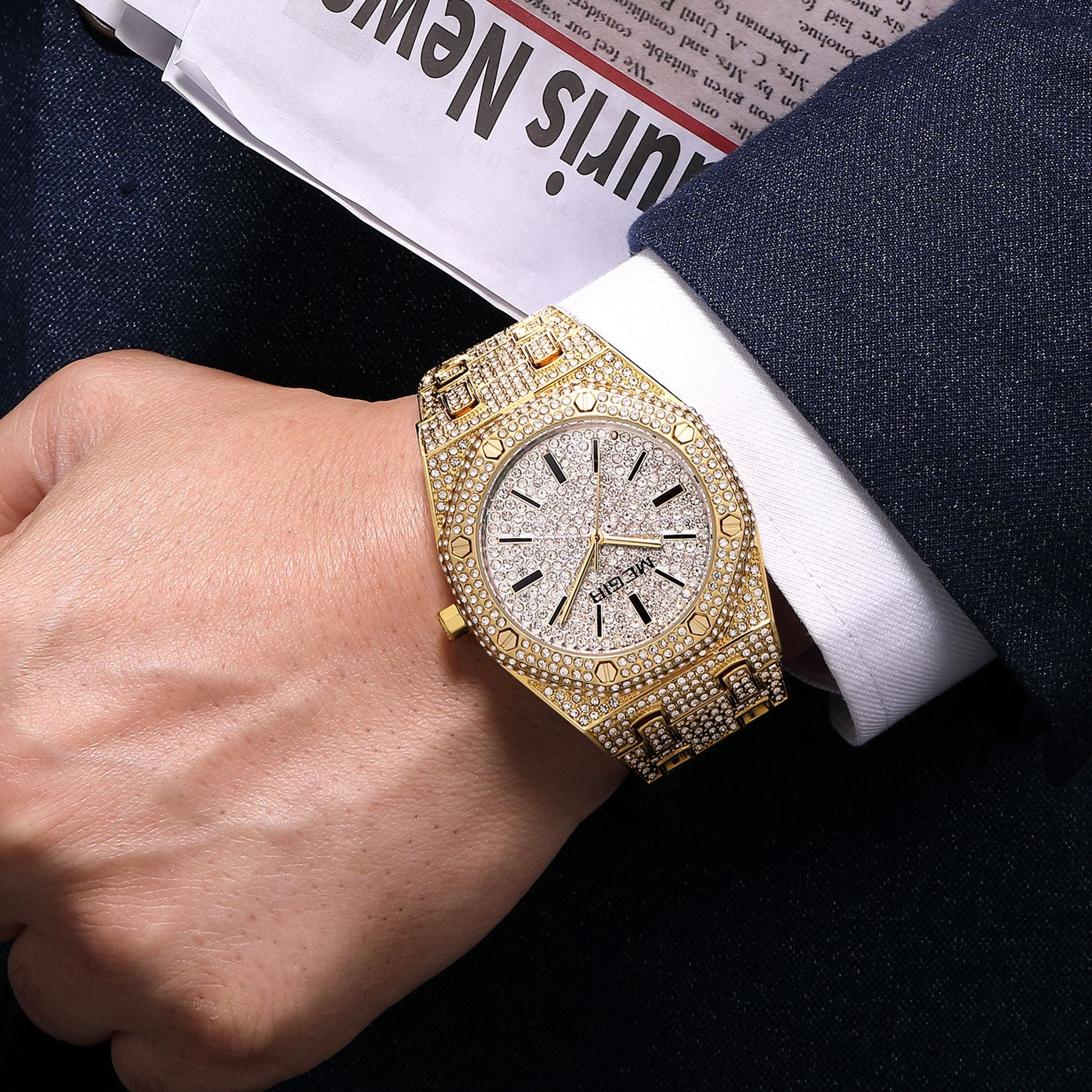 MEGIR Luxury Diamond Men Watches Stainless Steel Band Quartz Wristwatches Waterproof Male Clock Business Watch Reloj Hombre 1091-1