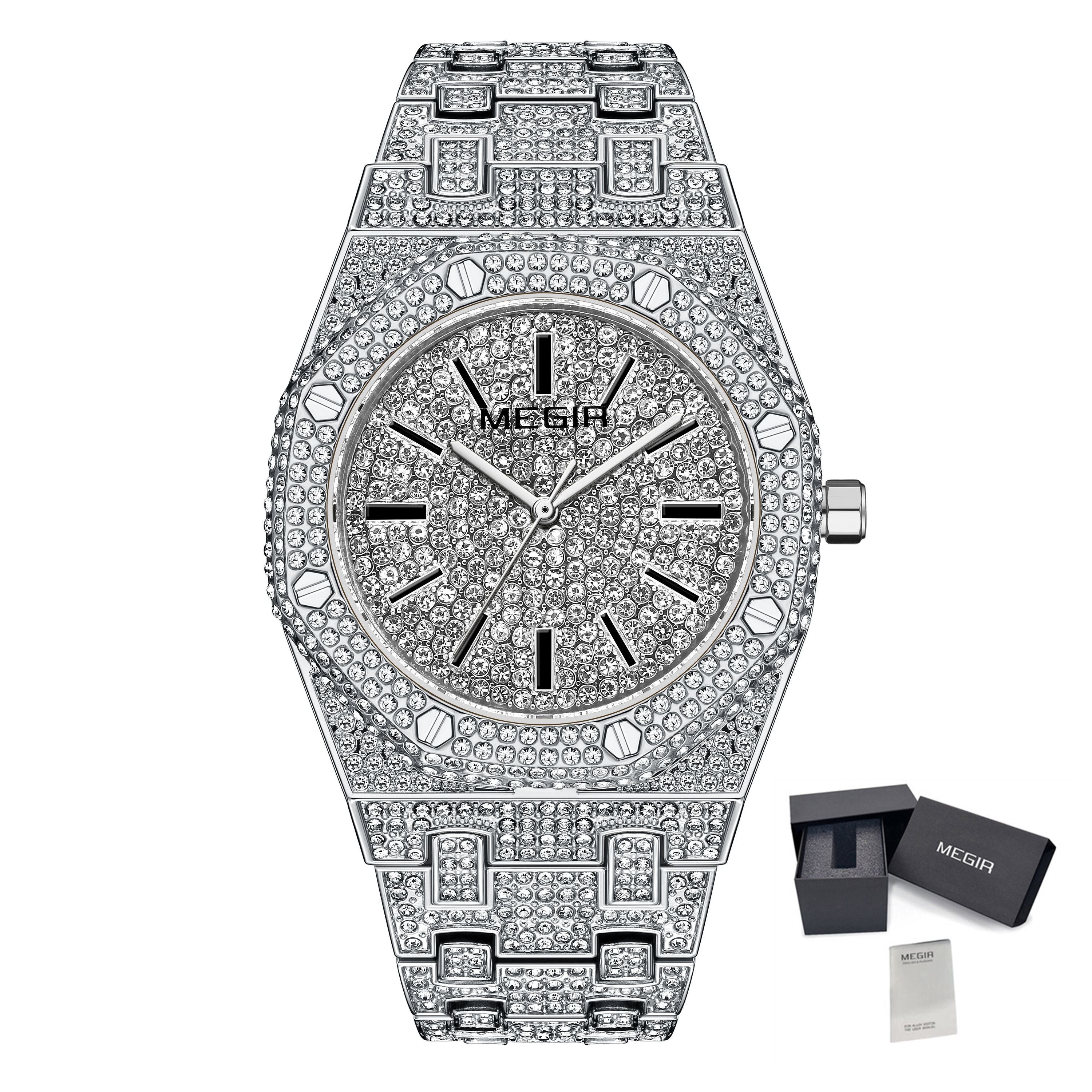 MEGIR Luxury Diamond Men Watches Stainless Steel Band Quartz Wristwatches Waterproof Male Clock Business Watch Reloj Hombre 1091-11