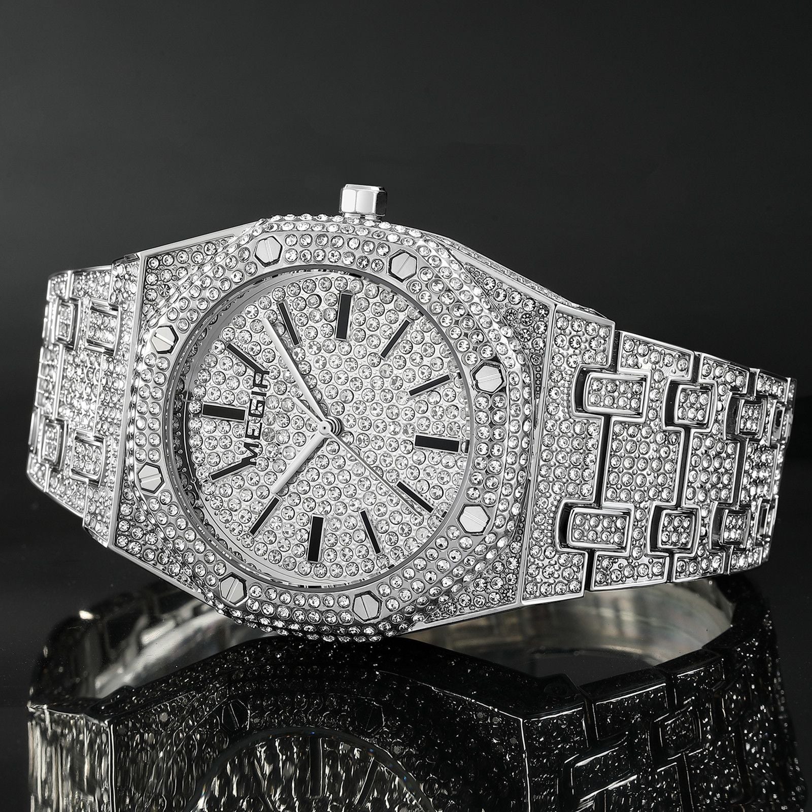 MEGIR Luxury Diamond Men Watches Stainless Steel Band Quartz Wristwatches Waterproof Male Clock Business Watch Reloj Hombre 1091-2