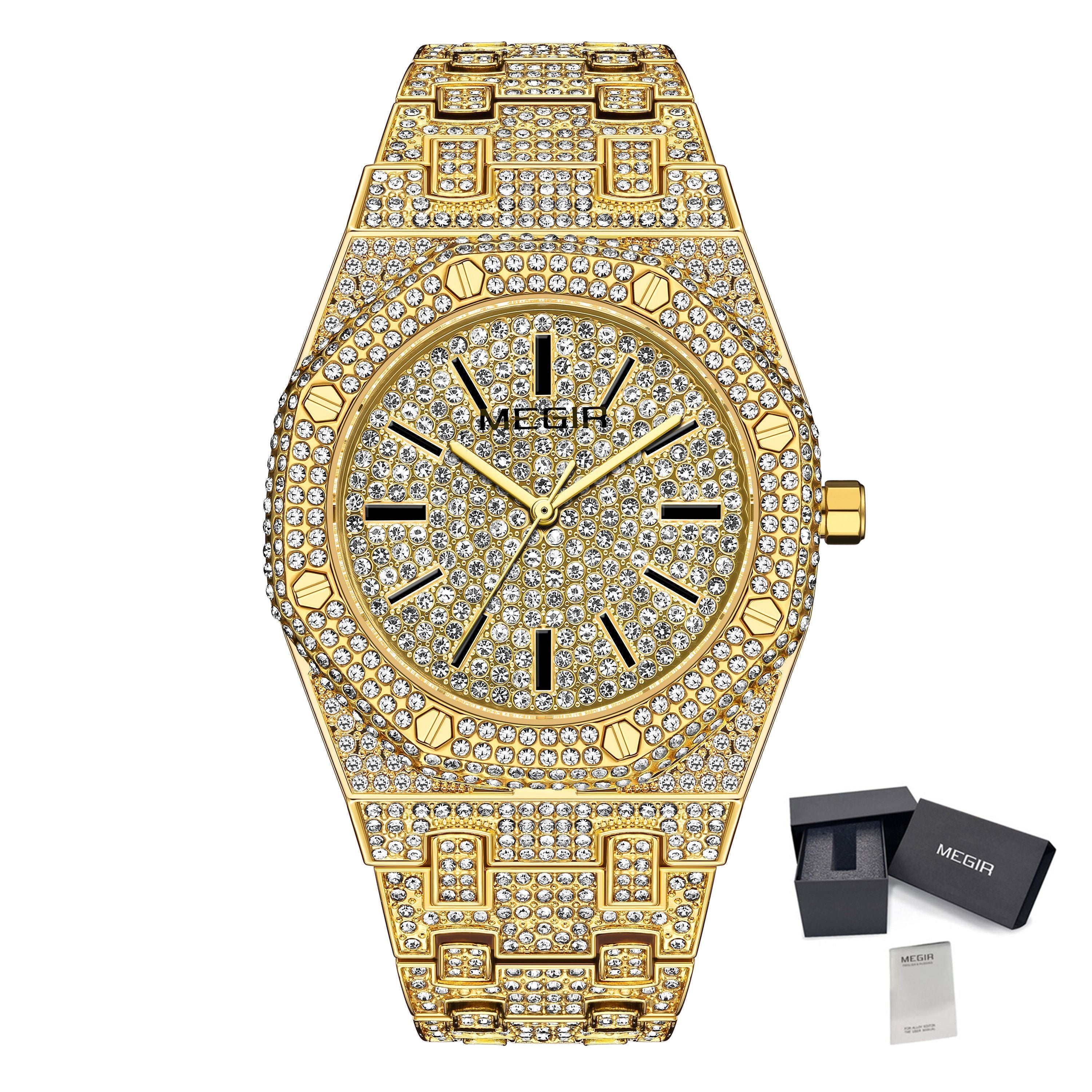 MEGIR Luxury Diamond Men Watches Stainless Steel Band Quartz Wristwatches Waterproof Male Clock Business Watch Reloj Hombre 1091-10