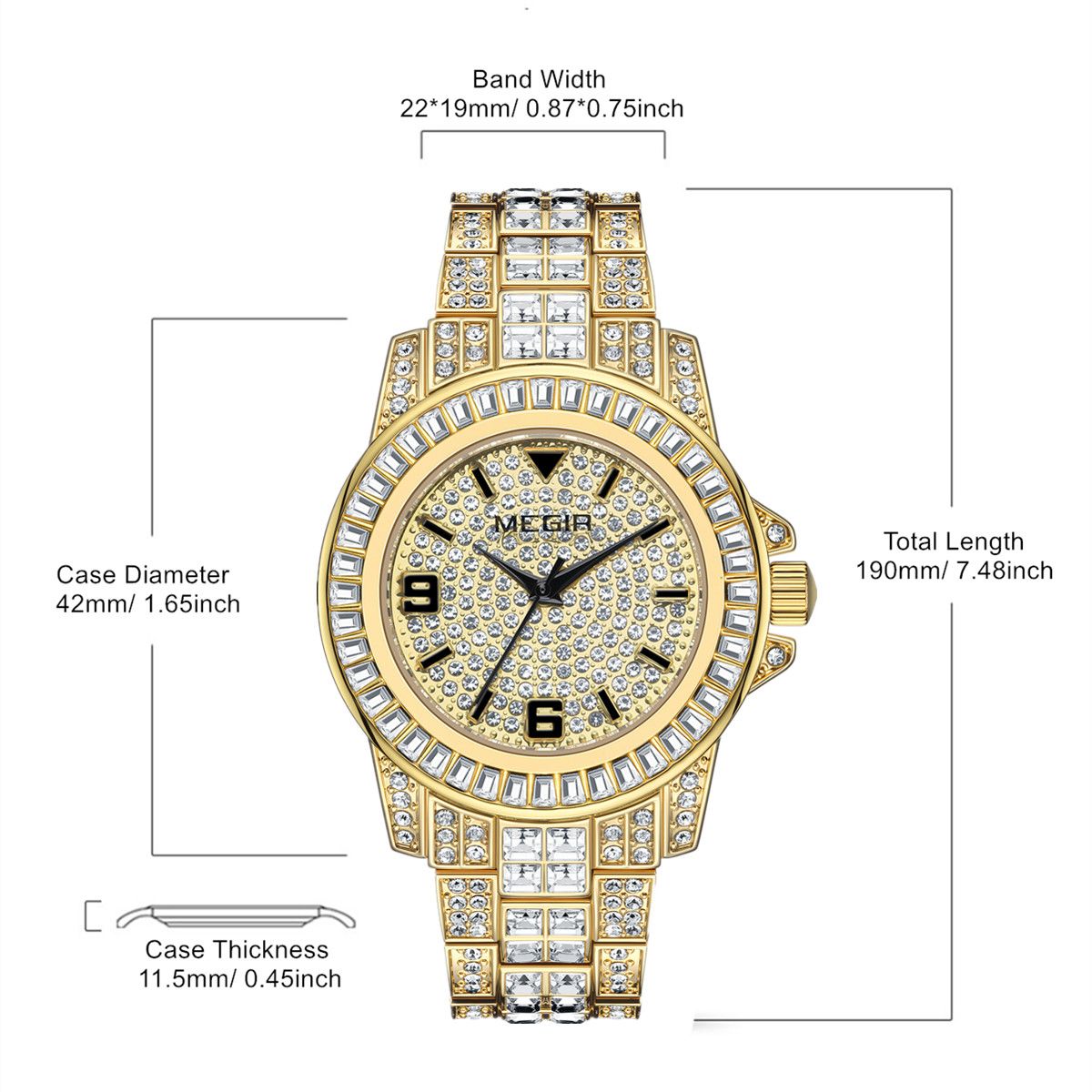 MEGIR Watch for Men Fashion Man Quartz Full Diamond Wristwatch Large Dial Business Watches Clock Gifts Montre Homme 1092-4