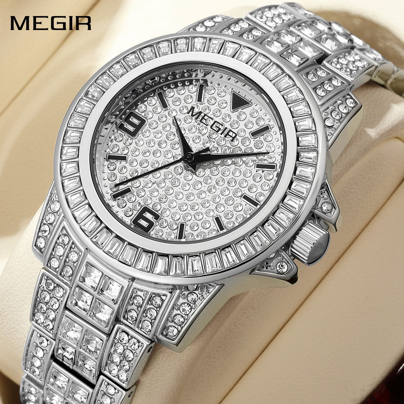 MEGIR Watch for Men Fashion Man Quartz Full Diamond Wristwatch Large Dial Business Watches Clock Gifts Montre Homme 1092-0