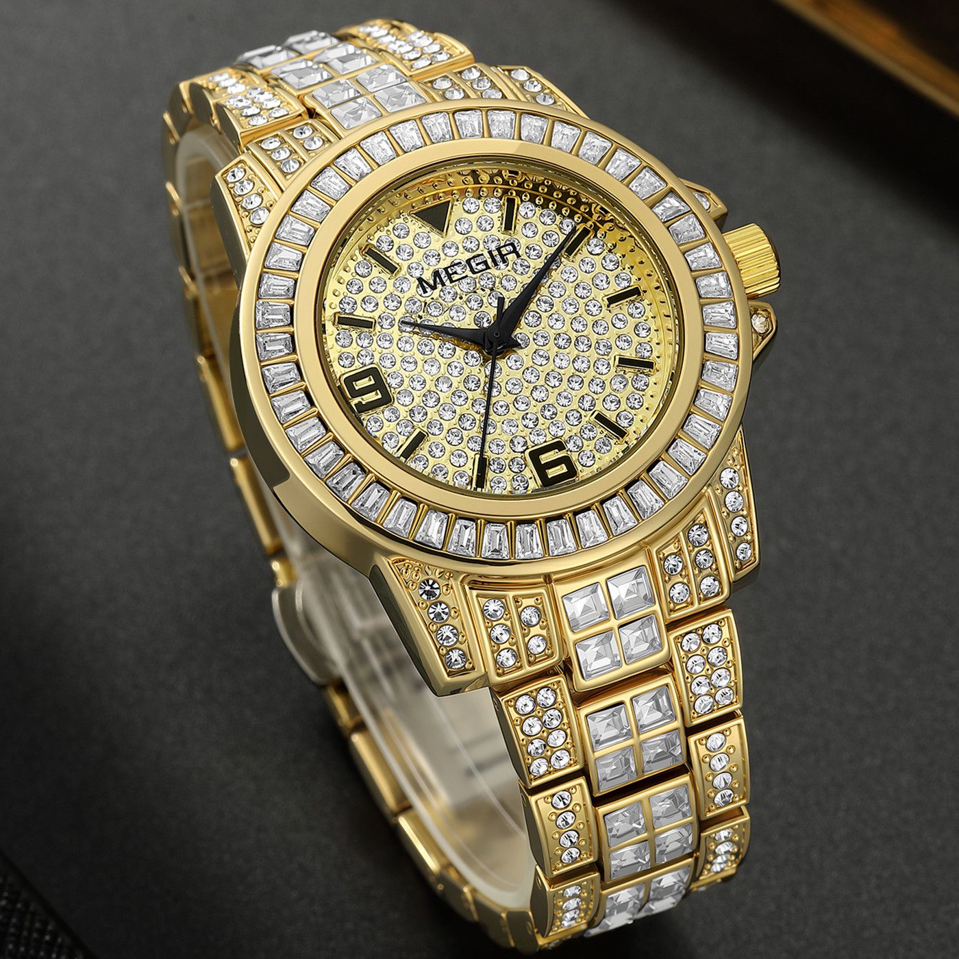 MEGIR Watch for Men Fashion Man Quartz Full Diamond Wristwatch Large Dial Business Watches Clock Gifts Montre Homme 1092-2